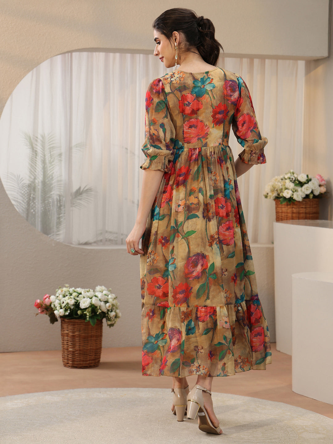 Libas Multicolour Floral Printed Empire Chiffon Dress 