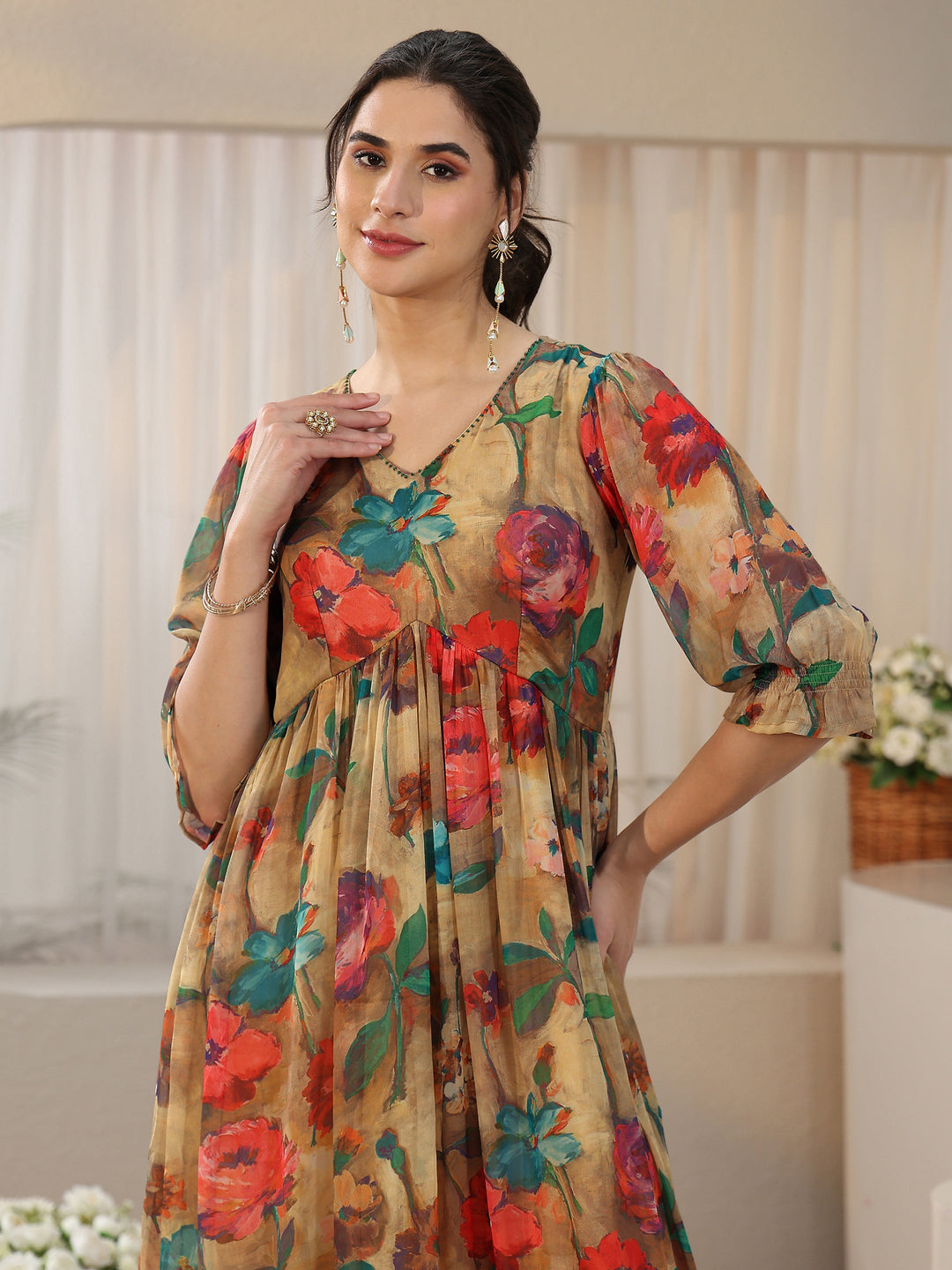  Libas Multicolour Floral Printed Empire Chiffon Dress 