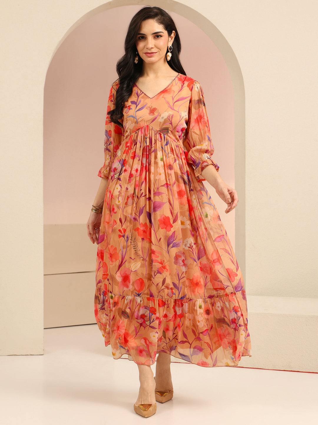  Libas Beige Floral Printed Chiffon Empire Dress 