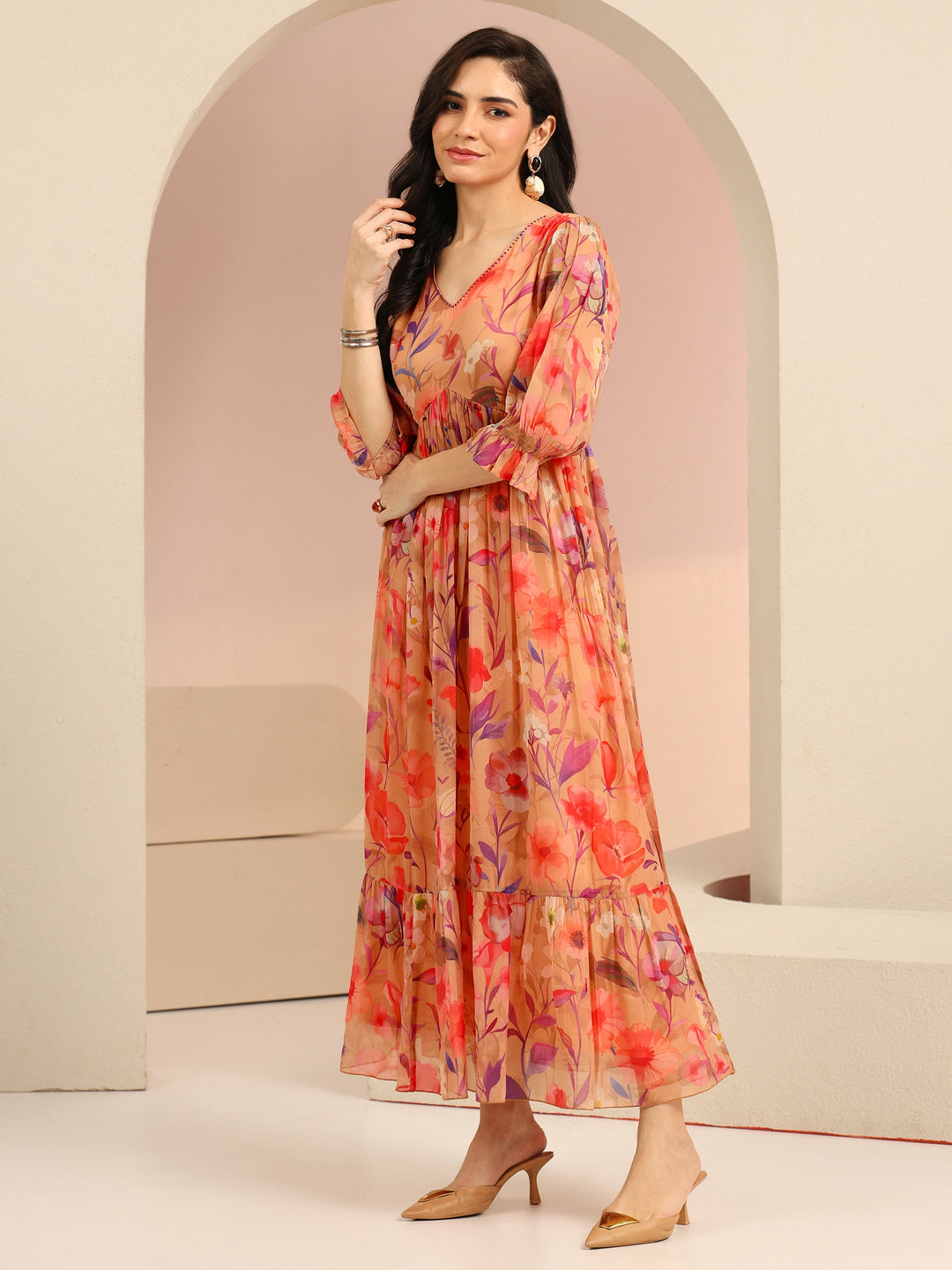  Libas Beige Floral Printed Chiffon Empire Dress 