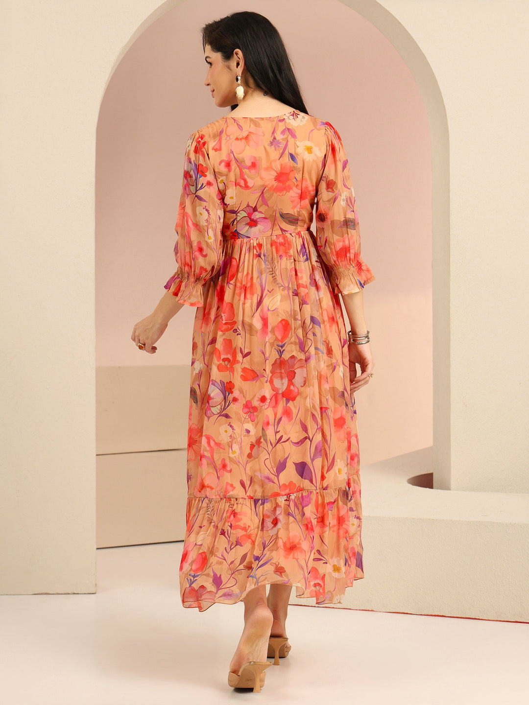  Libas Beige Floral Printed Chiffon Empire Dress 