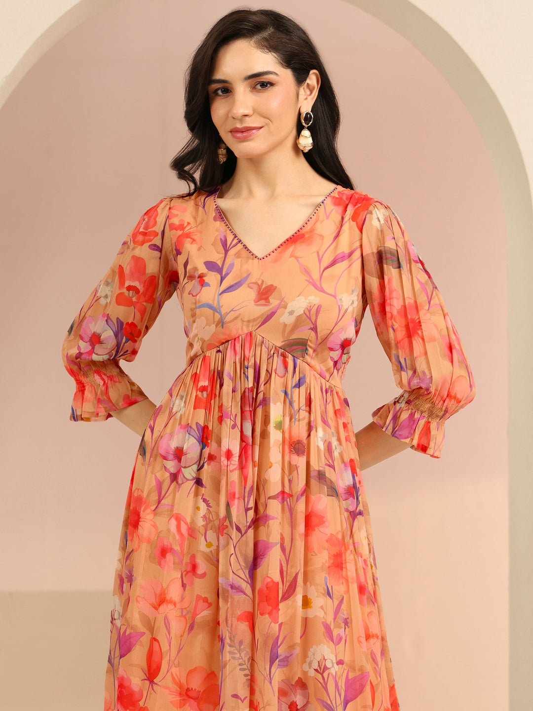  Libas Beige Floral Printed Chiffon Empire Dress 