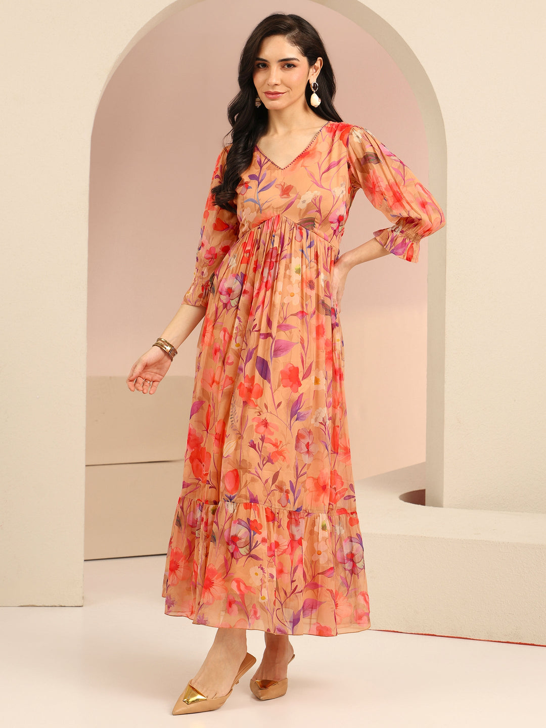  Libas Beige Floral Printed Chiffon Empire Dress 