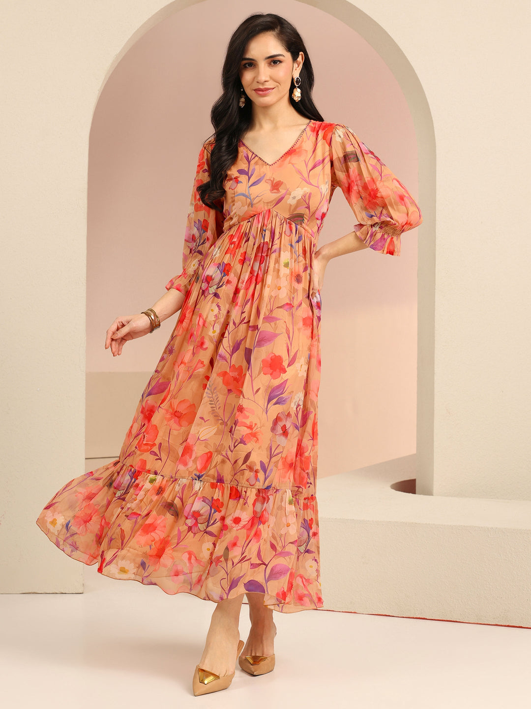  Libas Beige Floral Printed Chiffon Empire Dress 