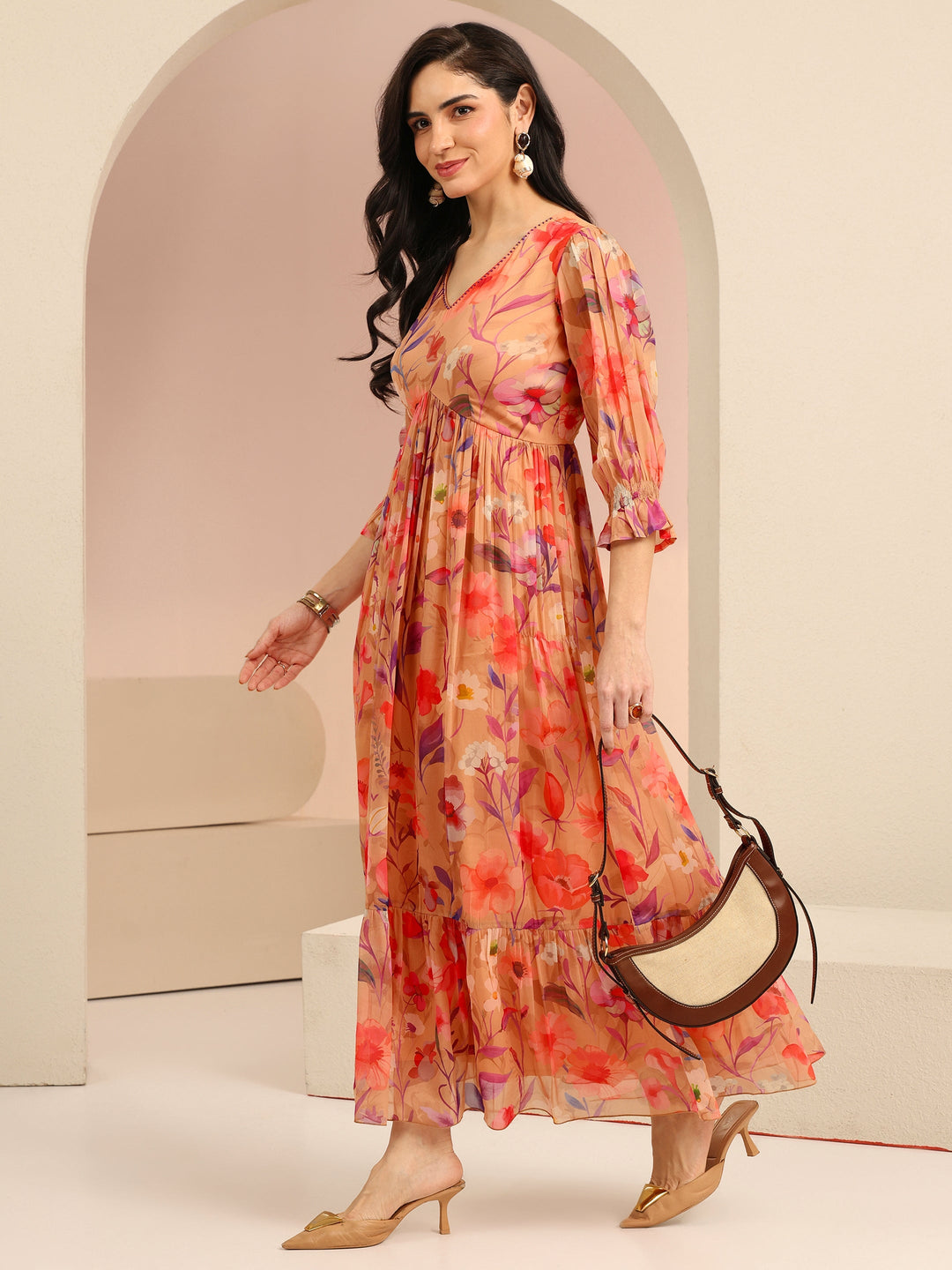  Libas Beige Floral Printed Chiffon Empire Dress 