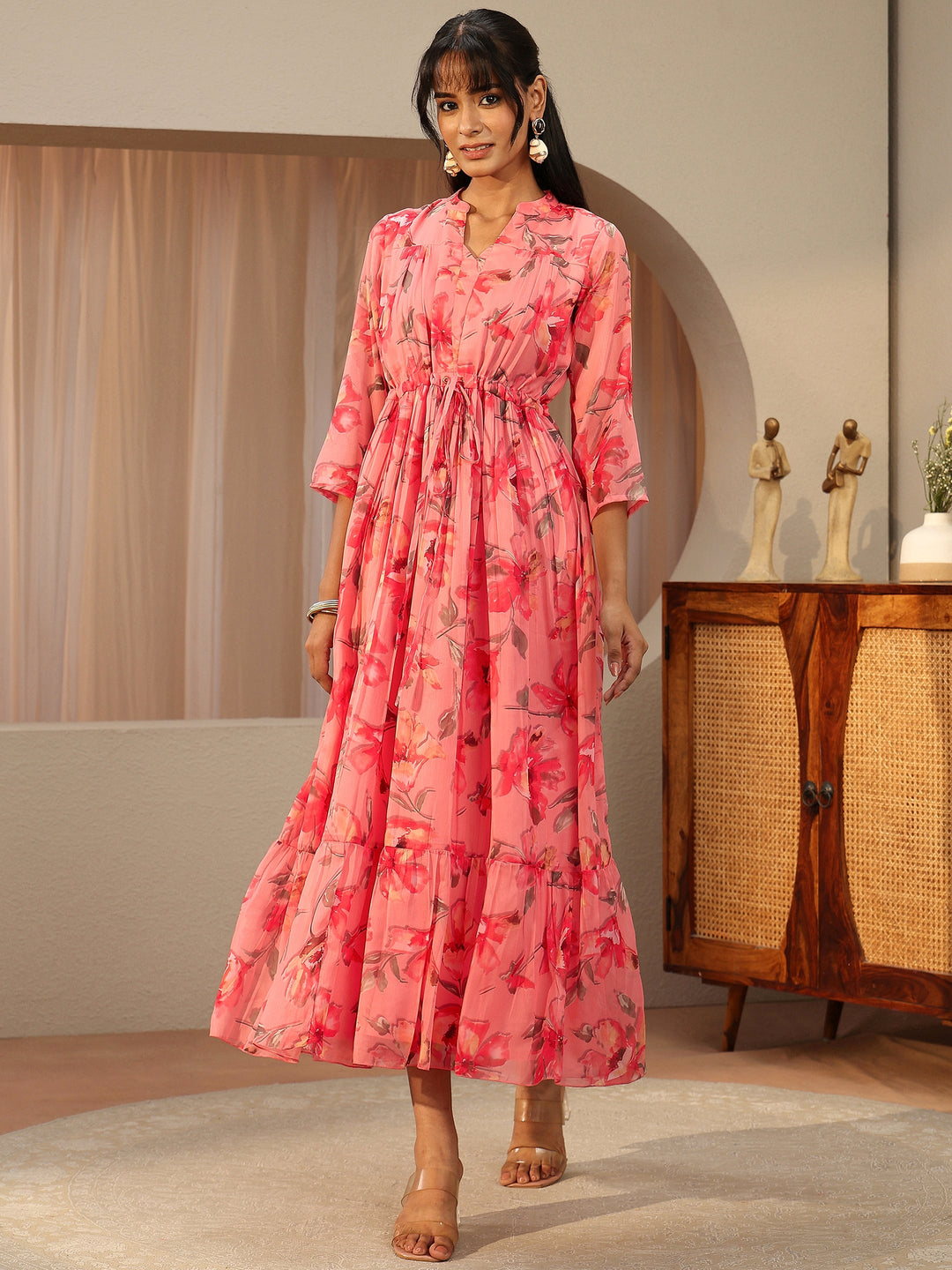 Peach Pink Floral Printed Chiffon A-Line Drop Waist Dress 