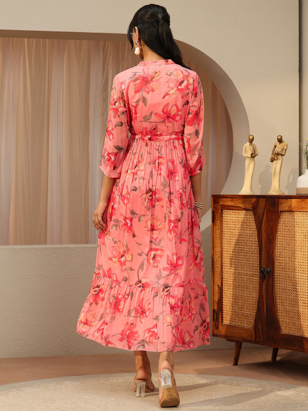  Peach Pink Floral Printed Chiffon A-Line Drop Waist Dress 