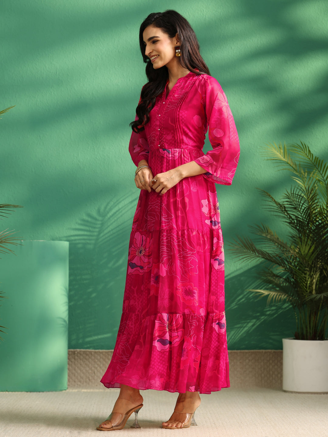  Libas Fuchsia Pink Floral Printed Chiffon Tiered Dress 