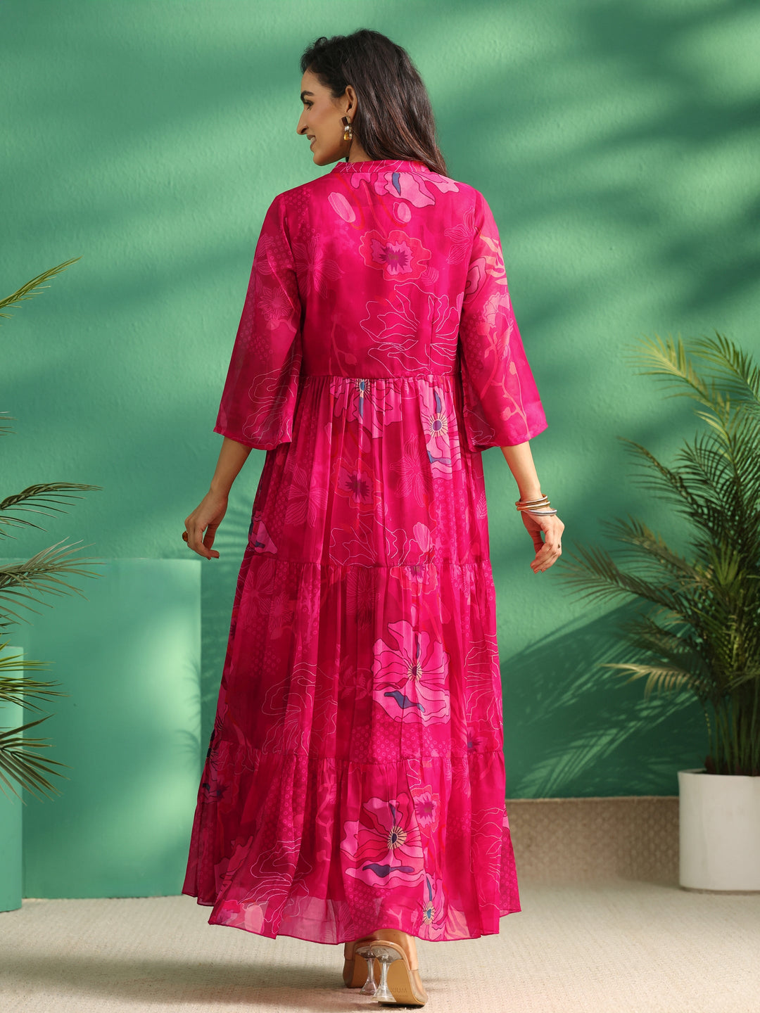  Libas Fuchsia Pink Floral Printed Chiffon Tiered Dress 