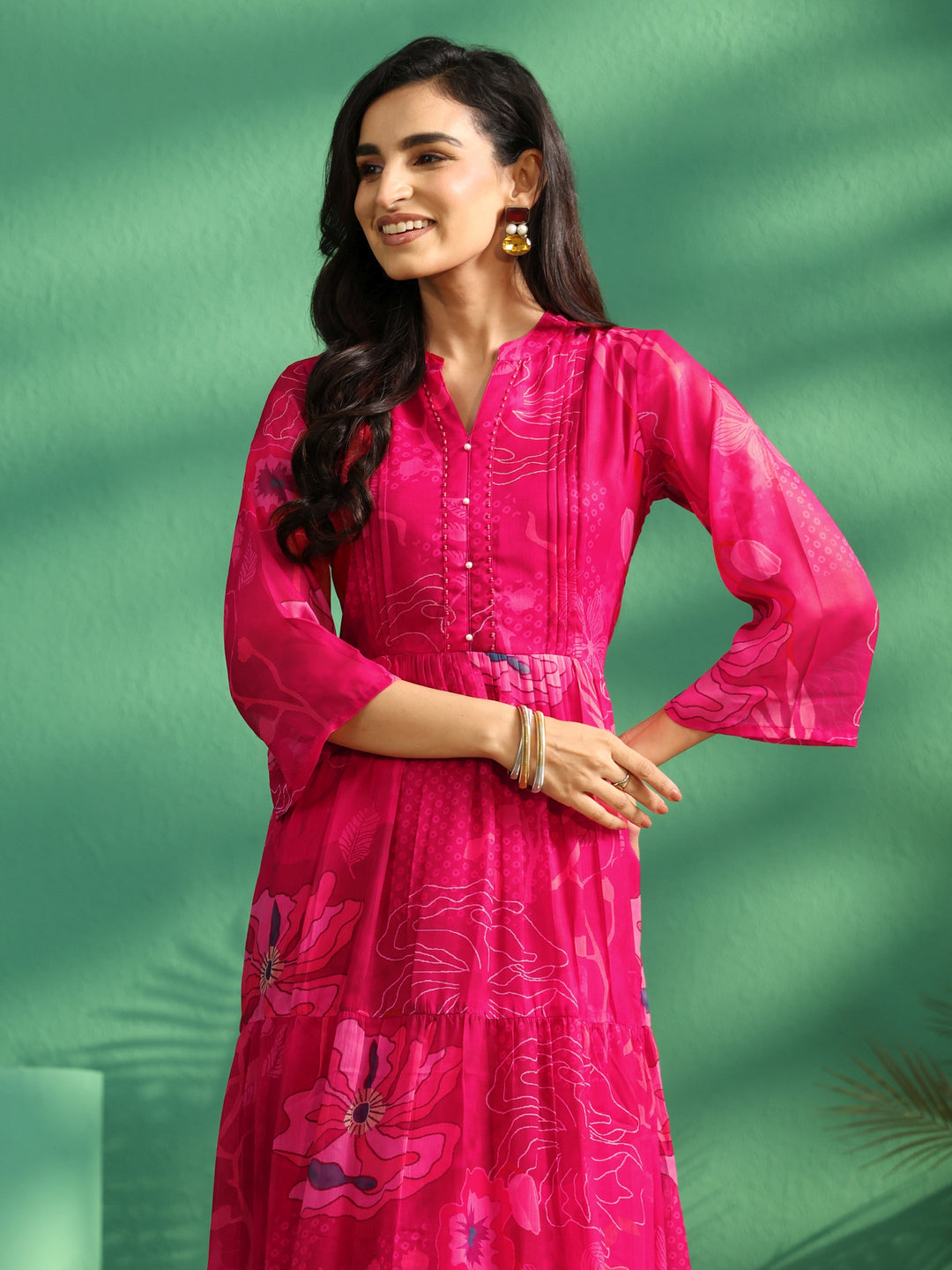  Libas Fuchsia Pink Floral Printed Chiffon Tiered Dress 