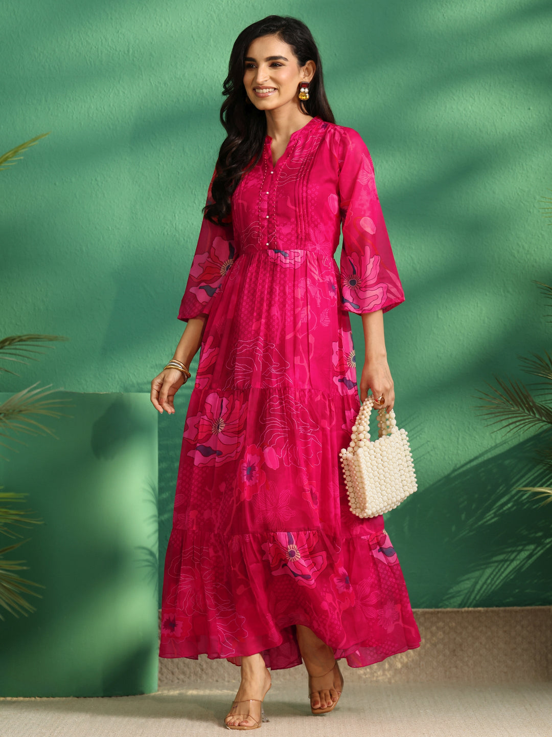  Libas Fuchsia Pink Floral Printed Chiffon Tiered Dress 
