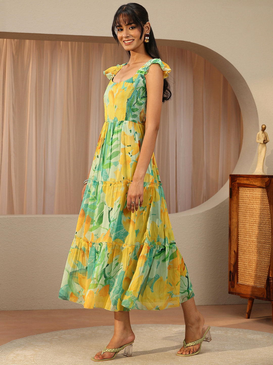  Seafoam Green Floral Printed Chiffon Tiered Dress 