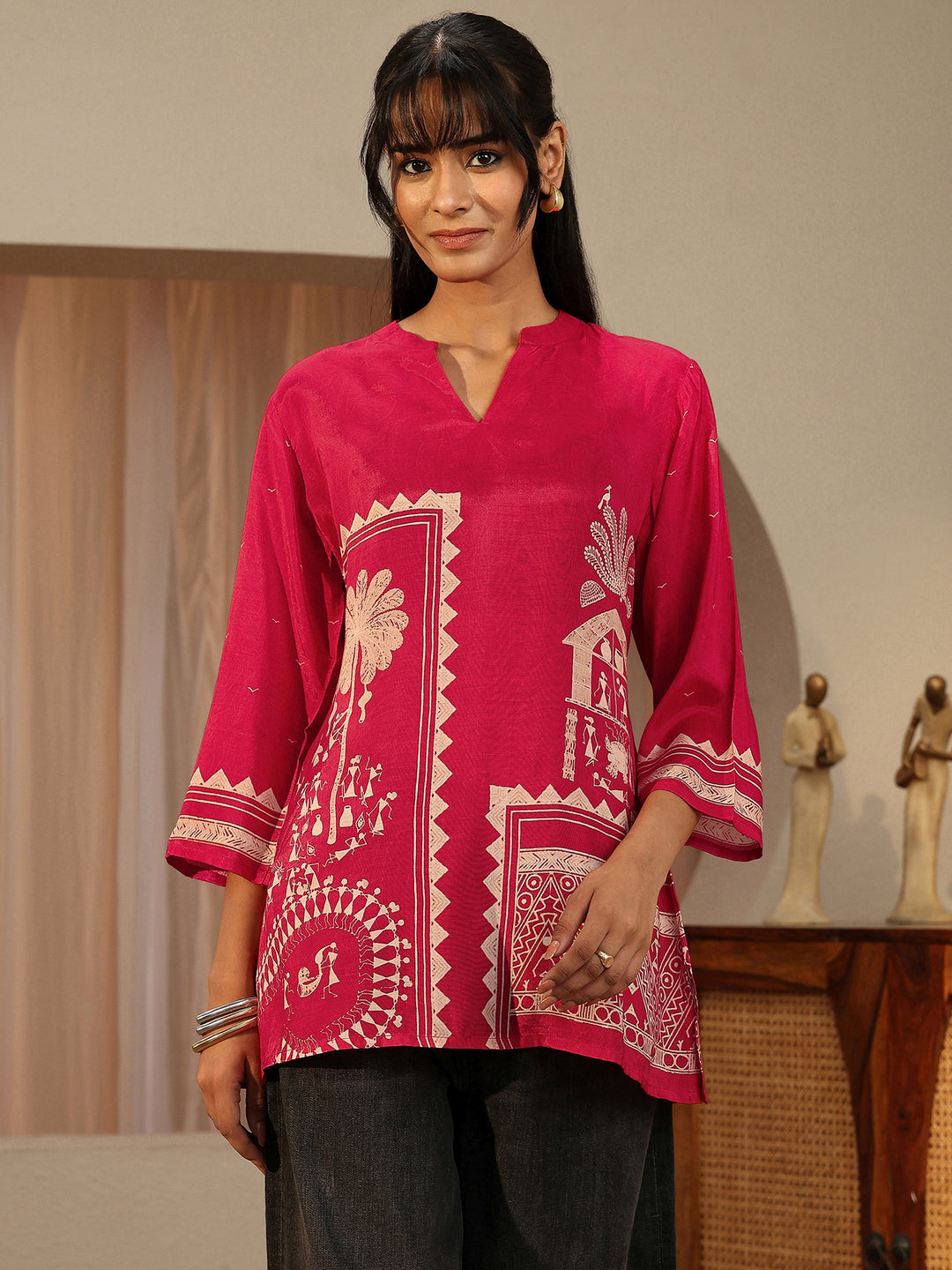  Vermilion Red Tribal Printed Muslin Straight Short Kurti 