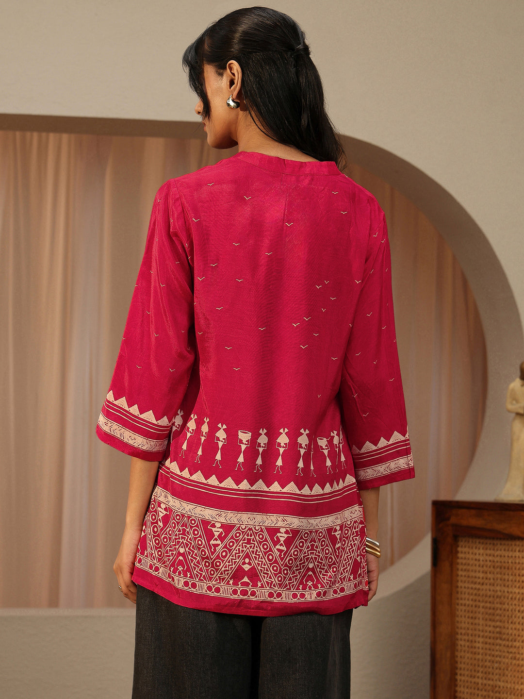  Vermilion Red Tribal Printed Muslin Straight Short Kurti 