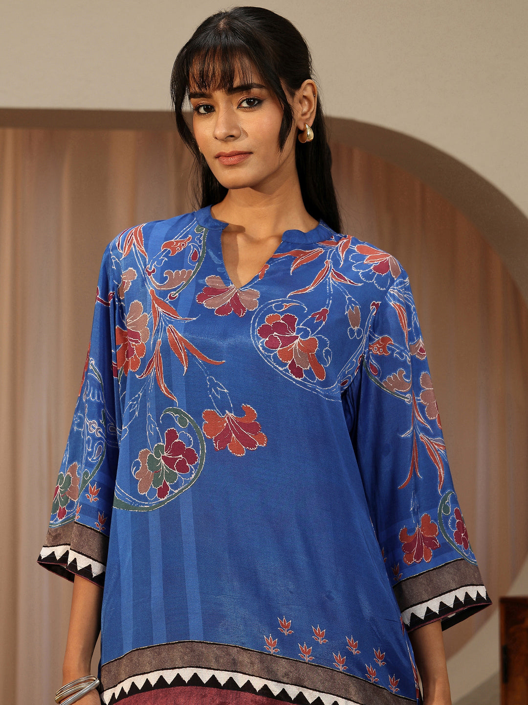  Cobalt Blue Floral Printed Muslin Straight Short Kurti 