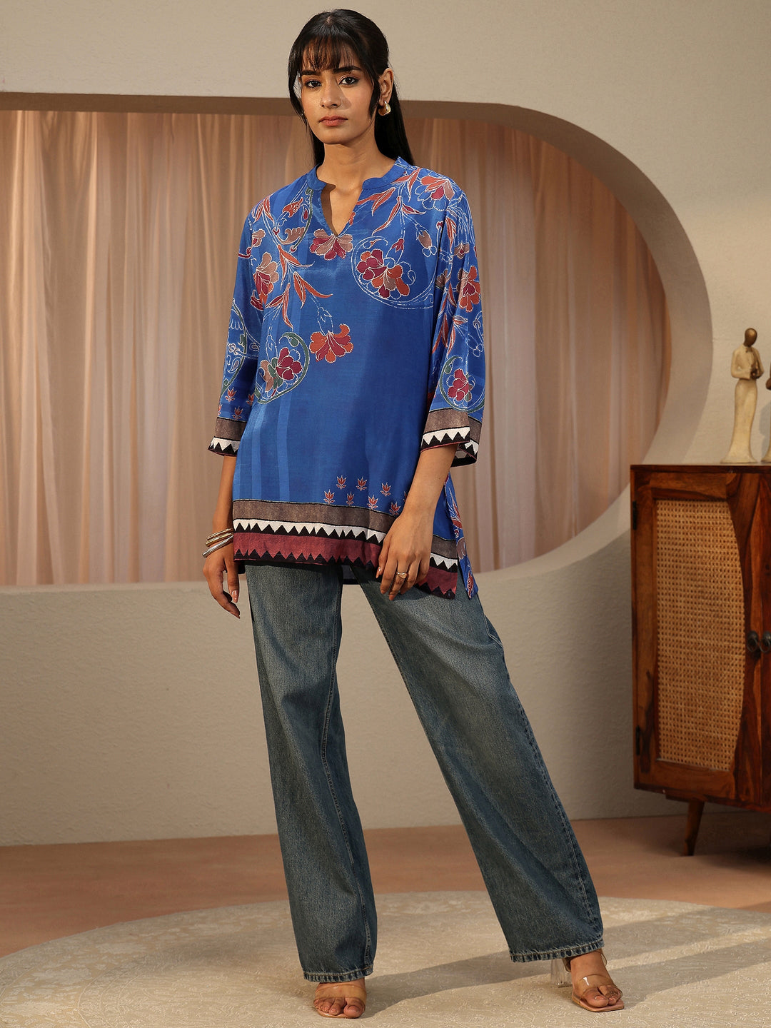  Cobalt Blue Floral Printed Muslin Straight Short Kurti 