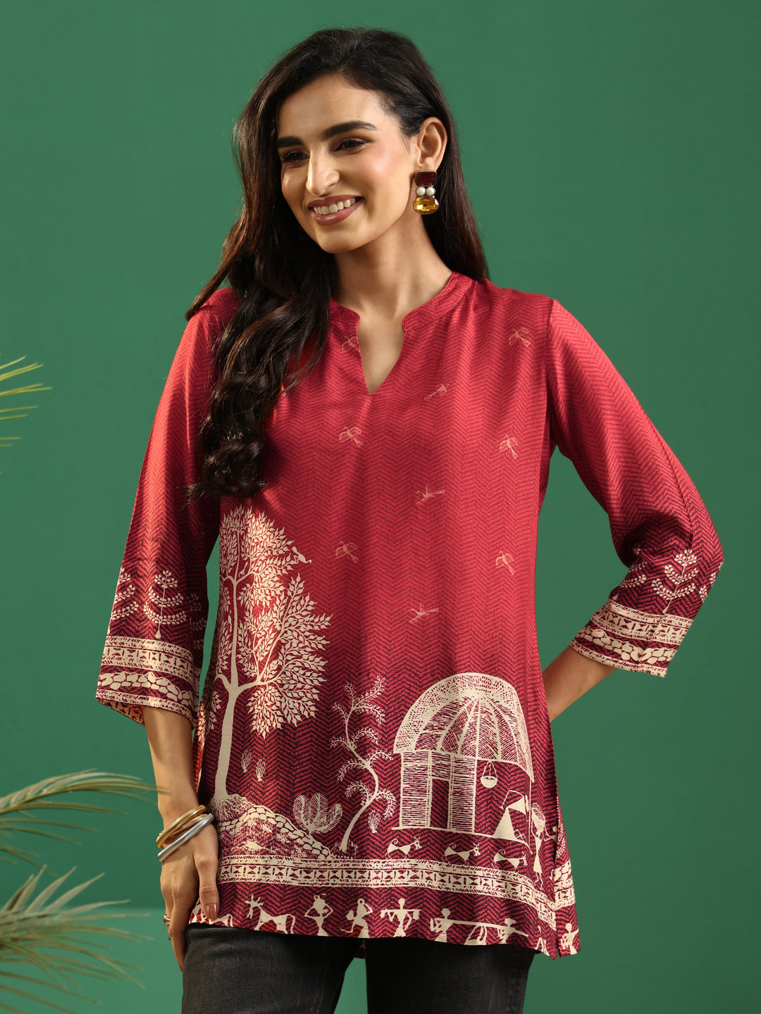  Libas Maroon Red Warli Print Muslin Straight Short Kurti 