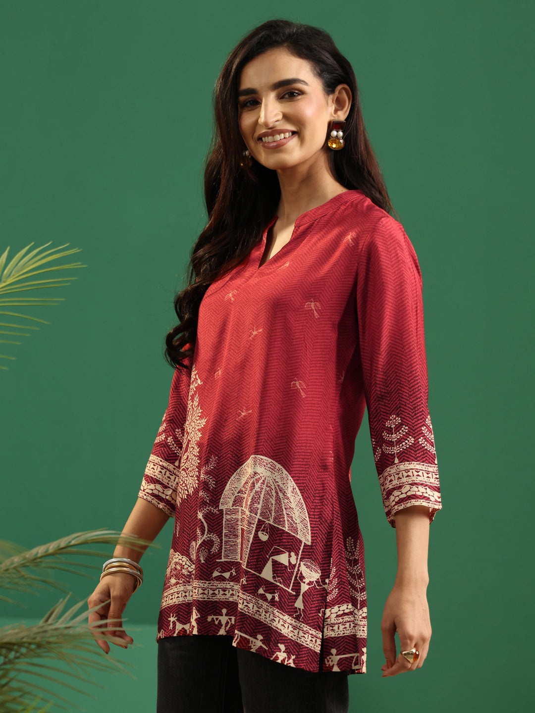  Libas Maroon Red Warli Print Muslin Straight Short Kurti 