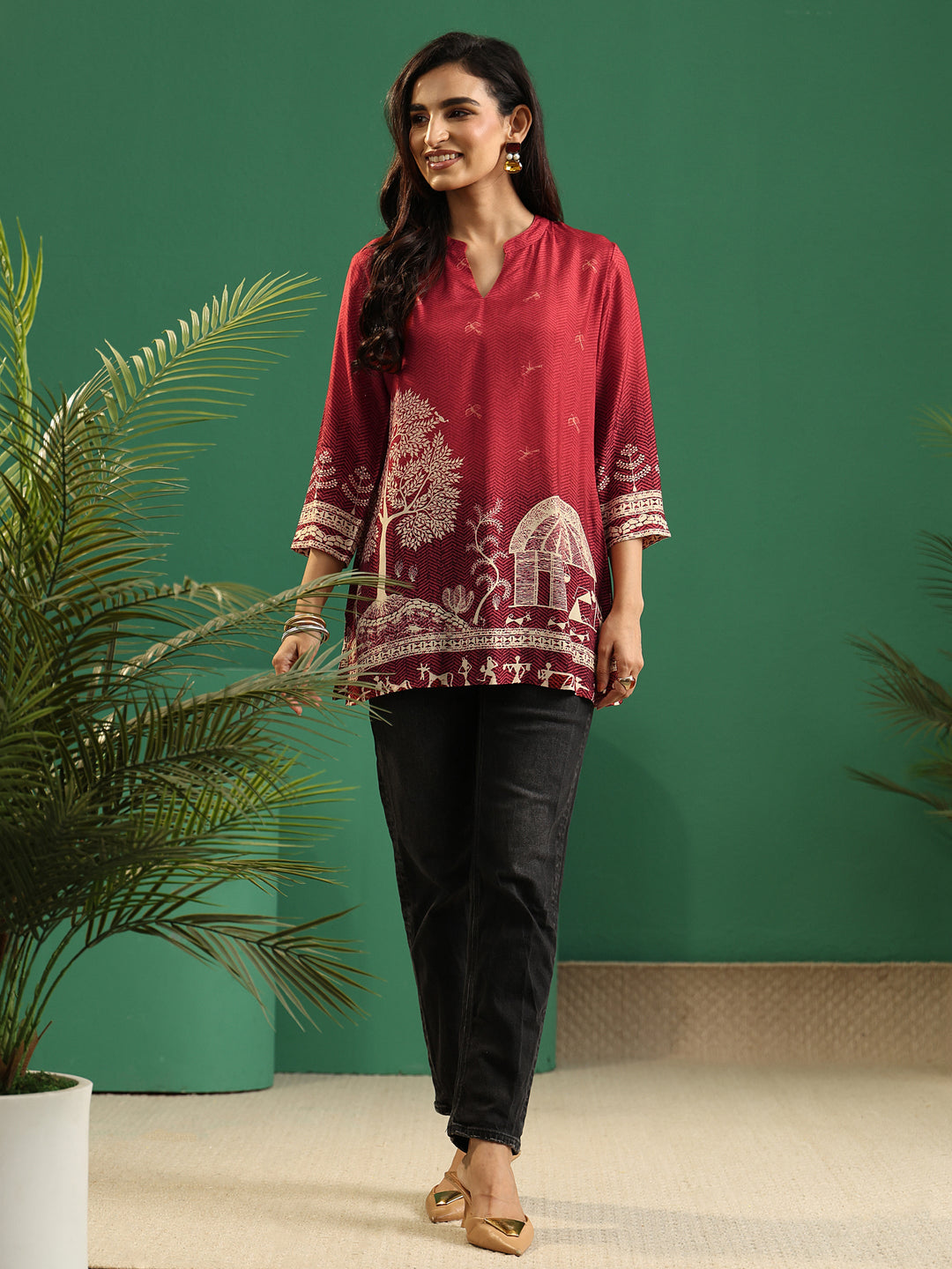  Libas Maroon Red Warli Print Muslin Straight Short Kurti 