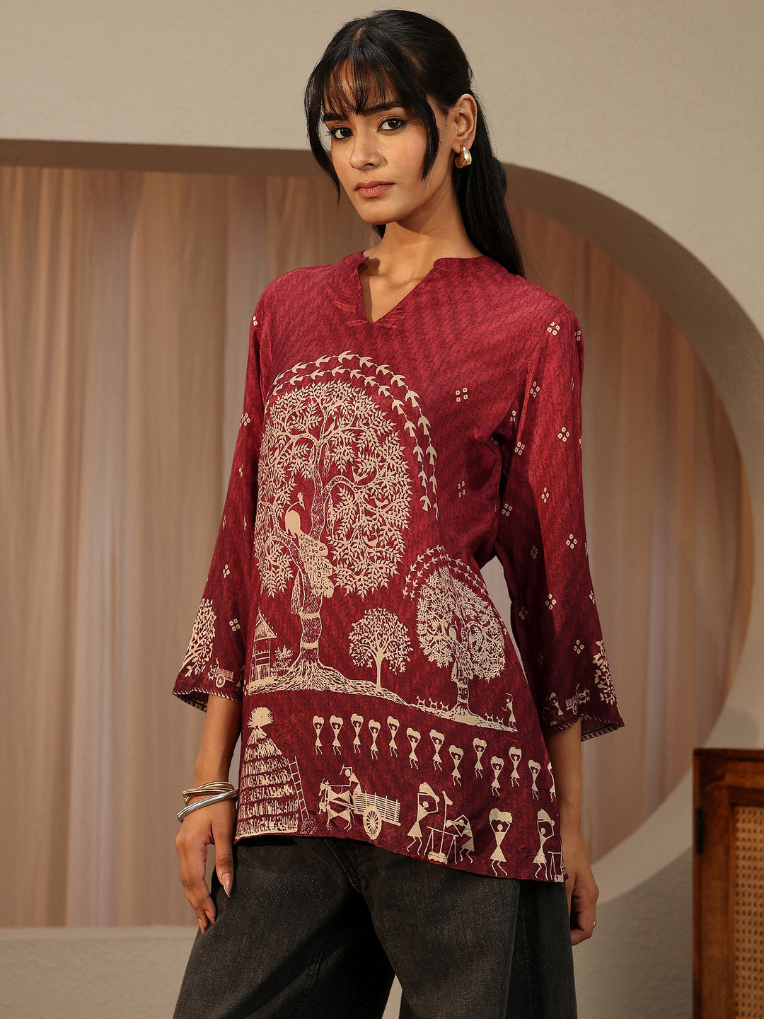  Maroon Tribal Printed Muslin Straight Short Kurti 