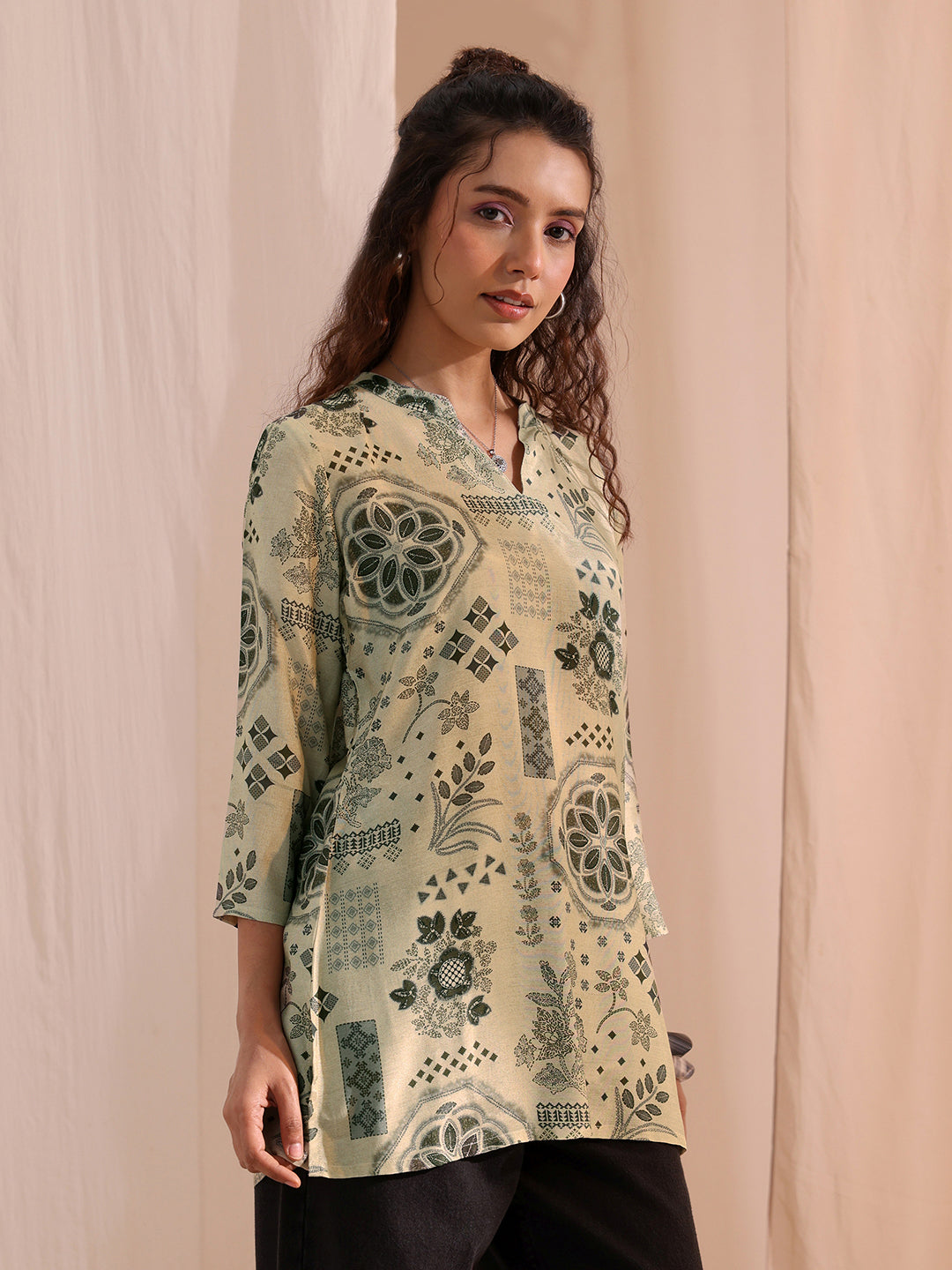  Grey Ethnic Motif Printed Silk Blend Straight Short Kurti 