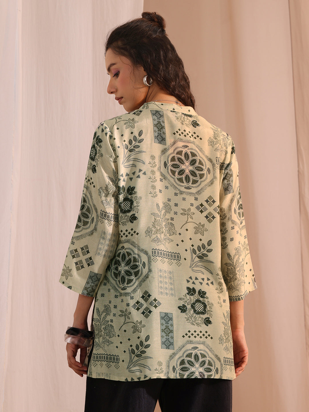  Grey Ethnic Motif Printed Silk Blend Straight Short Kurti 