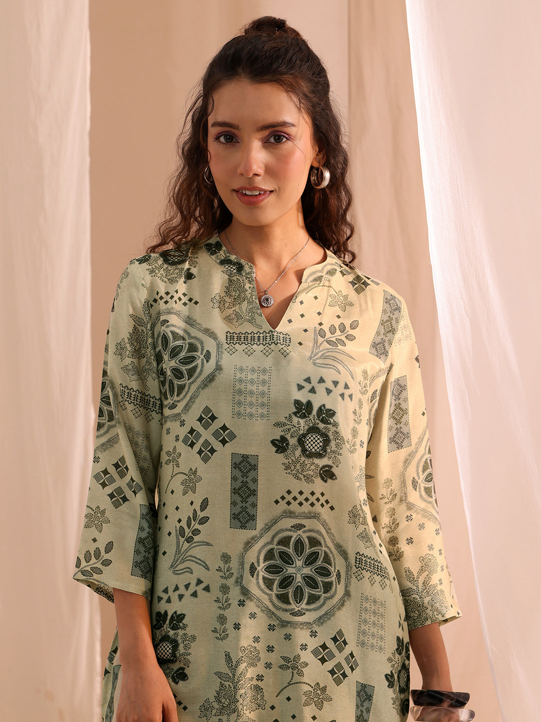 Grey Ethnic Motif Printed Silk Blend Straight Short Kurti 