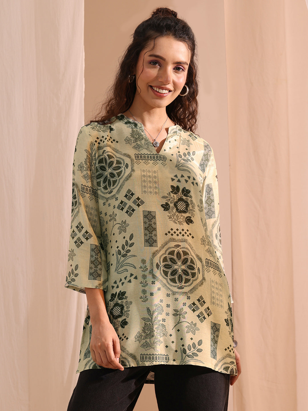  Grey Ethnic Motif Printed Silk Blend Straight Short Kurti 