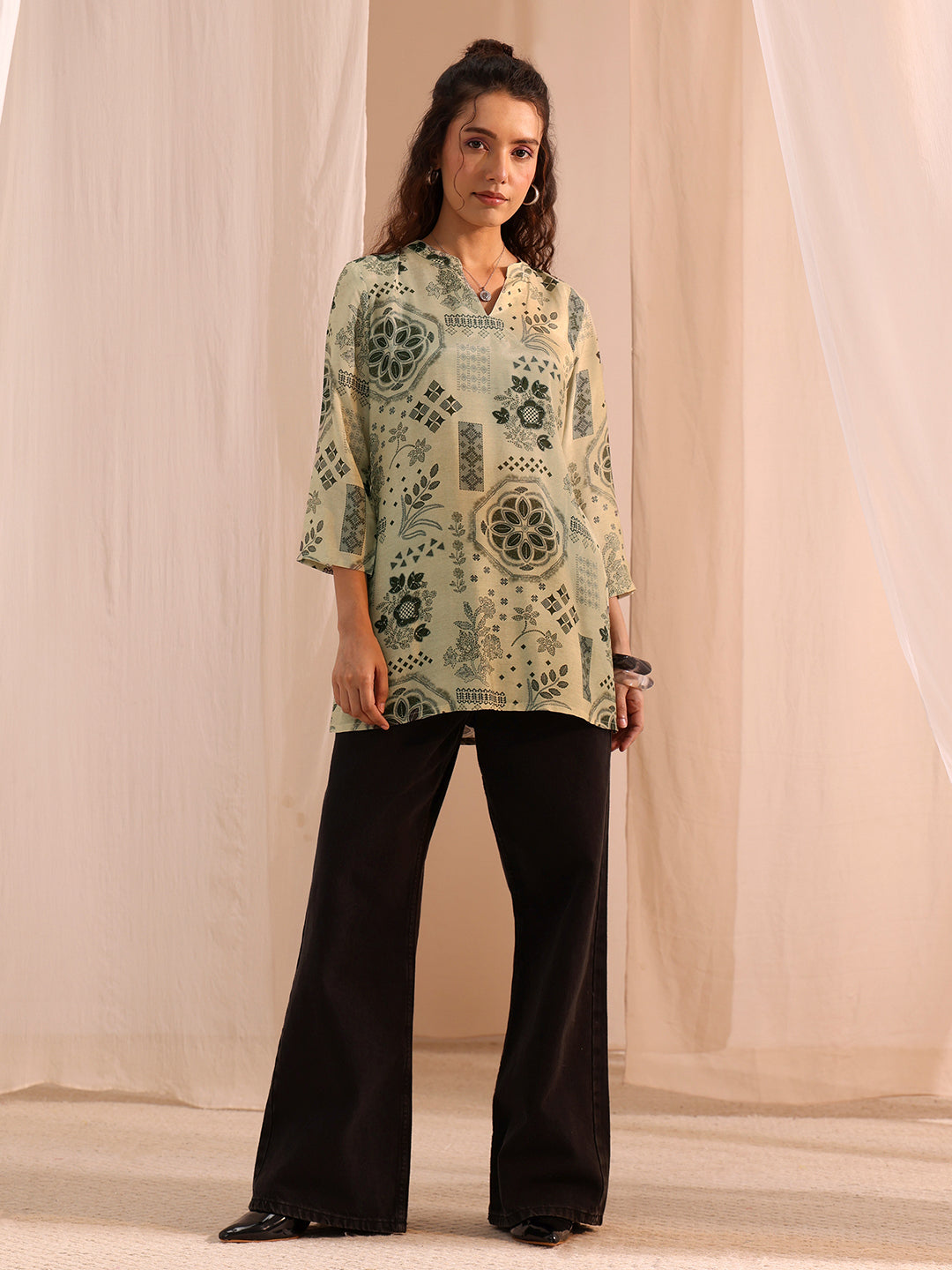 Grey Ethnic Motif Printed Silk Blend Straight Short Kurti 