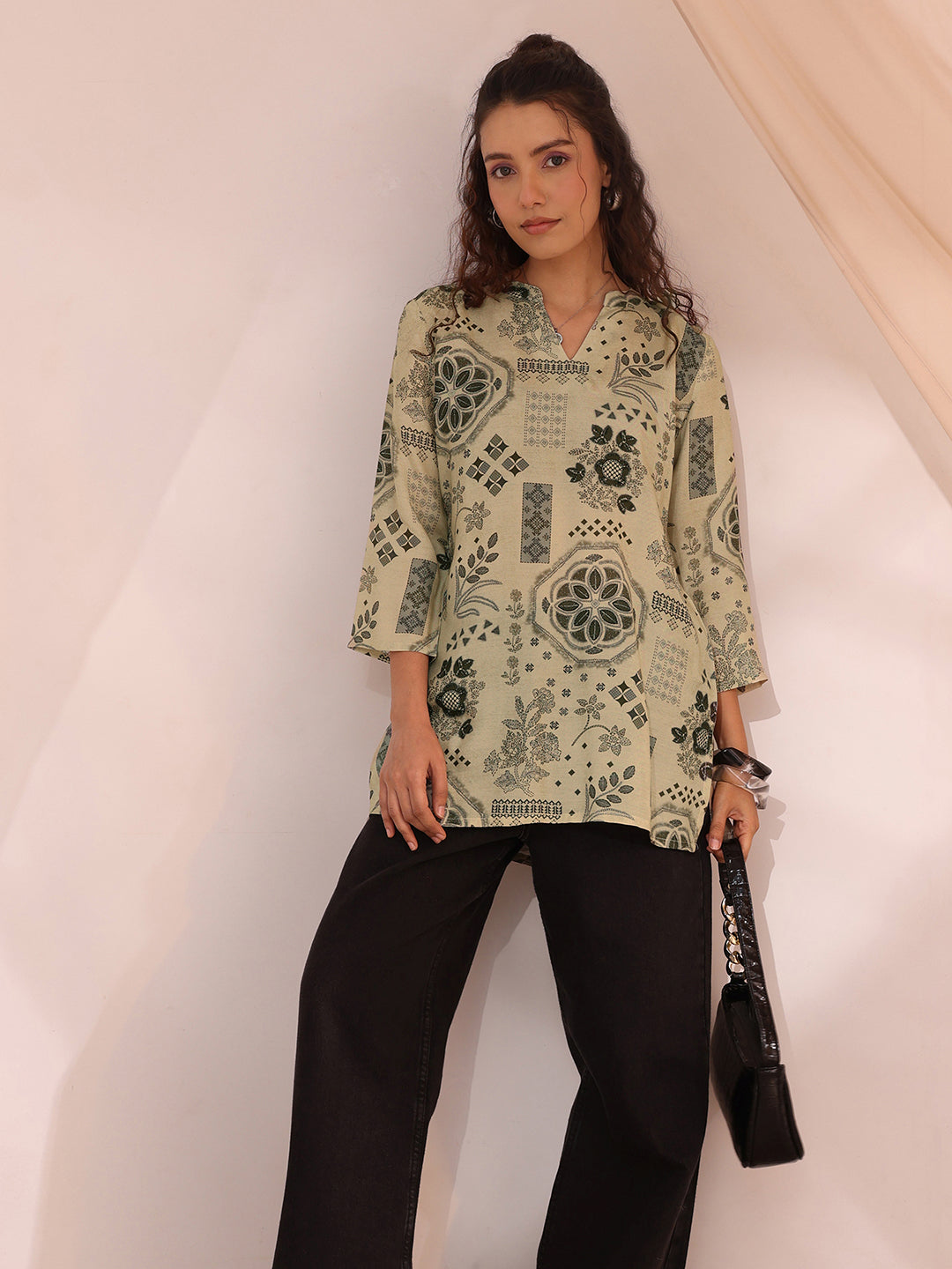 libas Grey Ethnic Motif Printed Silk Blend Straight Short Kurti-picture-10