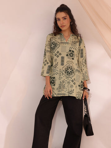 Grey Ethnic Motif Printed Silk Blend Straight Short Kurti