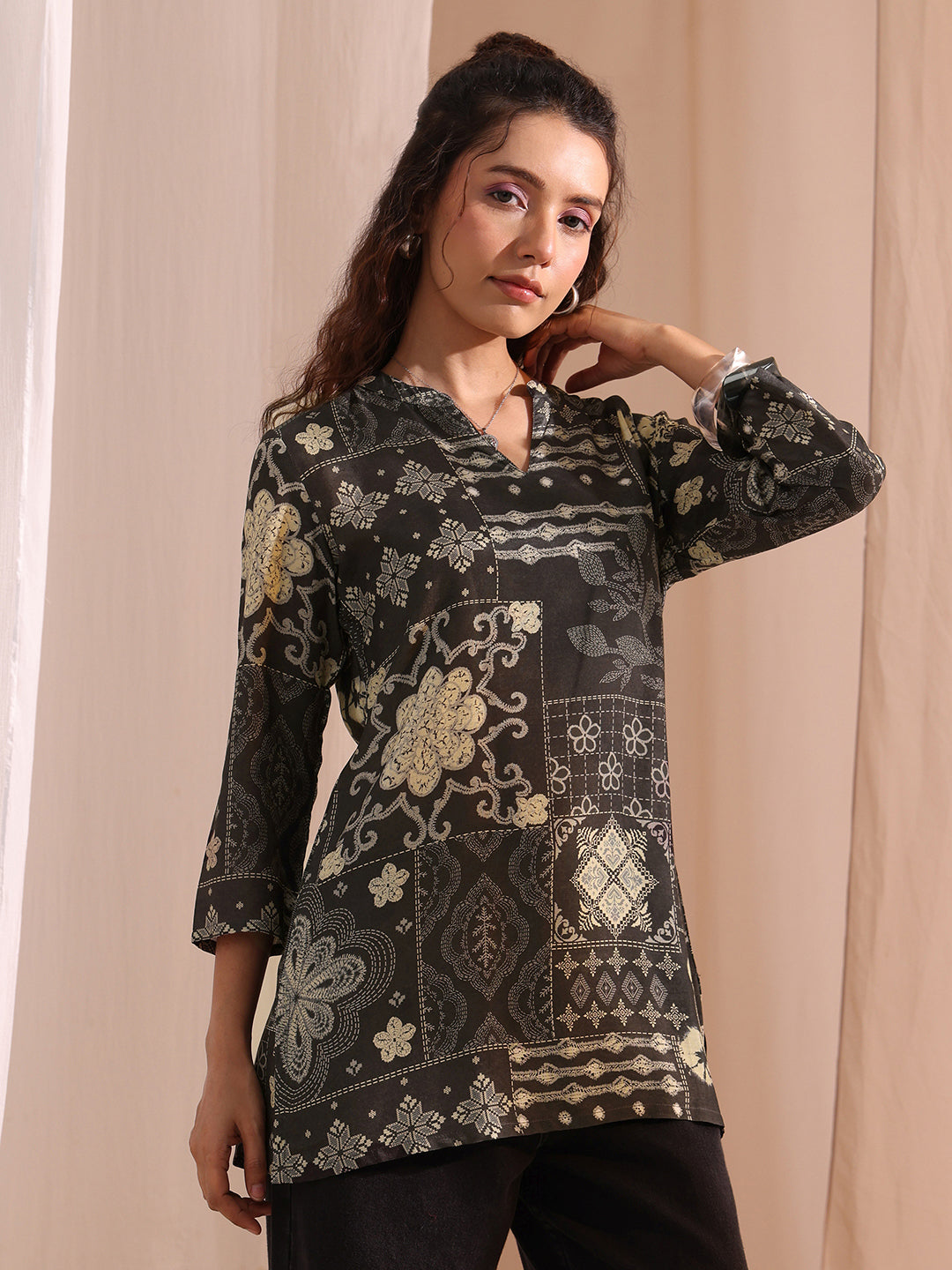 Black Ethnic Motif Printed Silk Blend Straight Short Kurti 