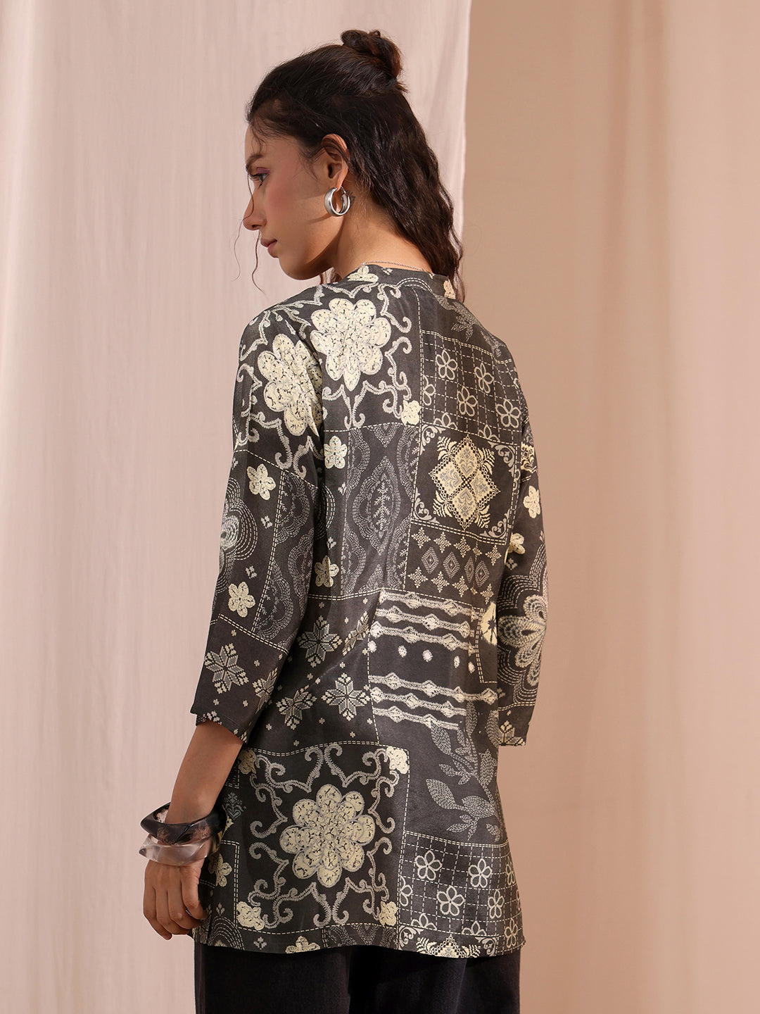  Black Ethnic Motif Printed Silk Blend Straight Short Kurti 
