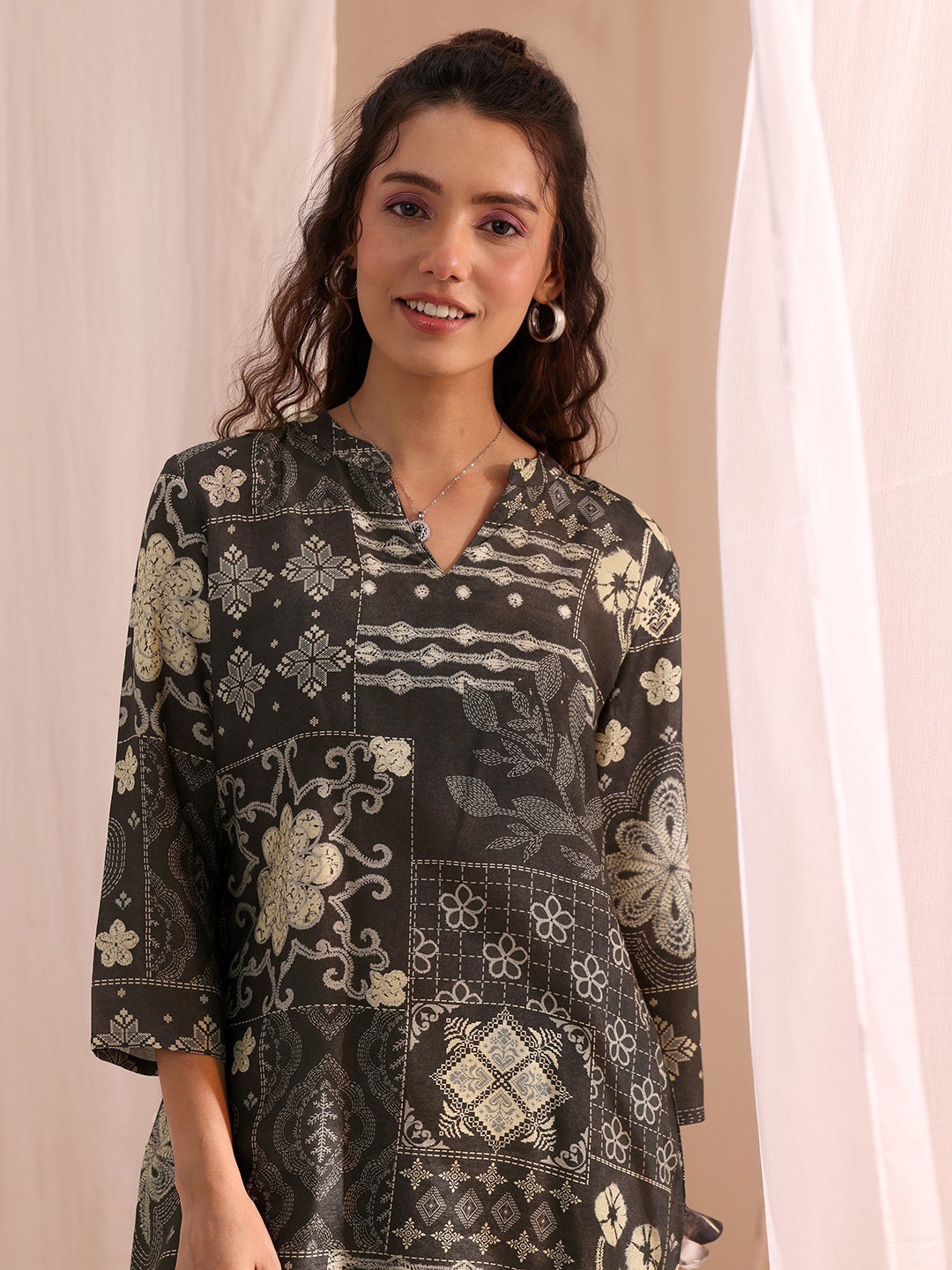  Black Ethnic Motif Printed Silk Blend Straight Short Kurti 