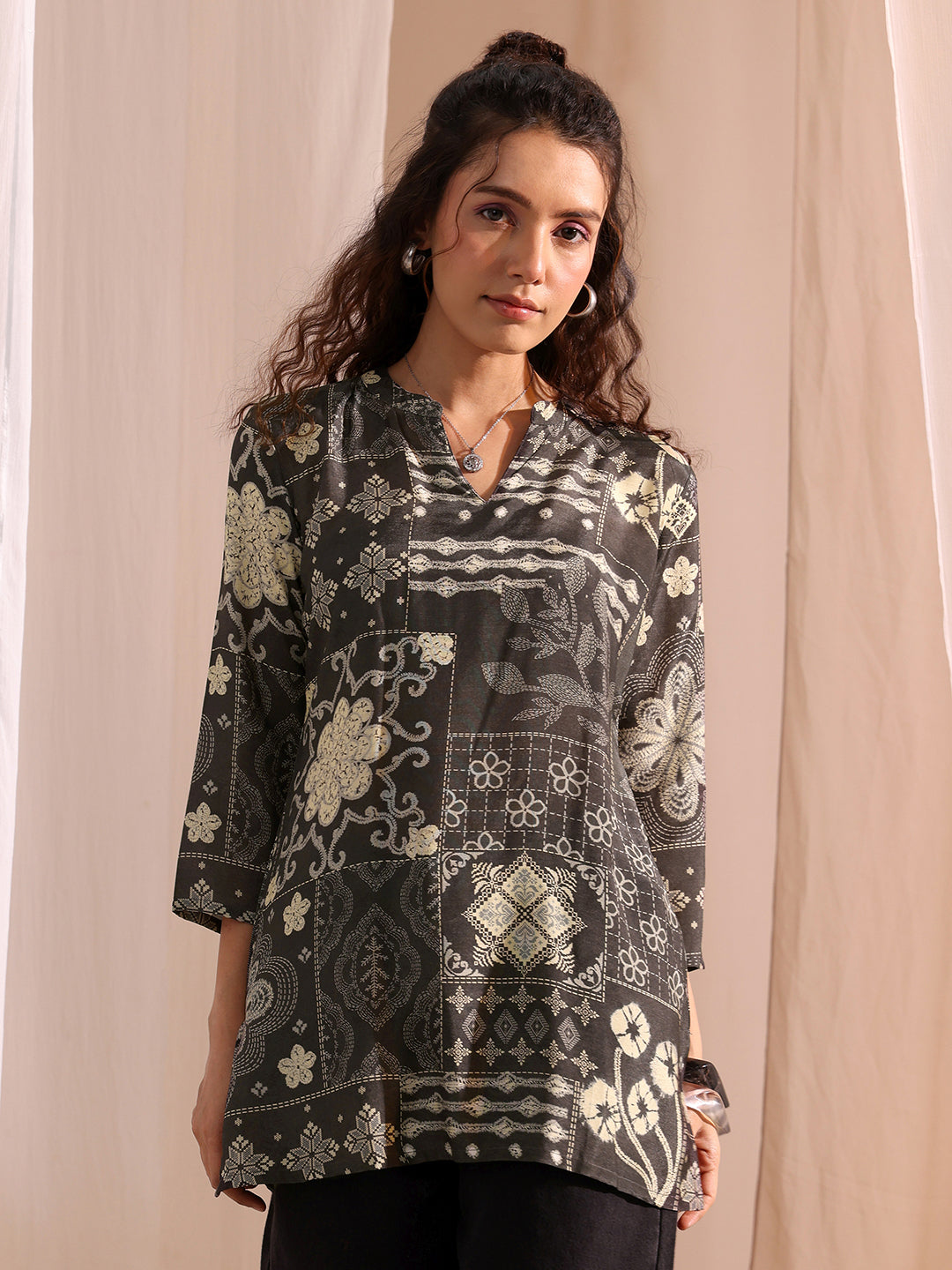  Black Ethnic Motif Printed Silk Blend Straight Short Kurti 