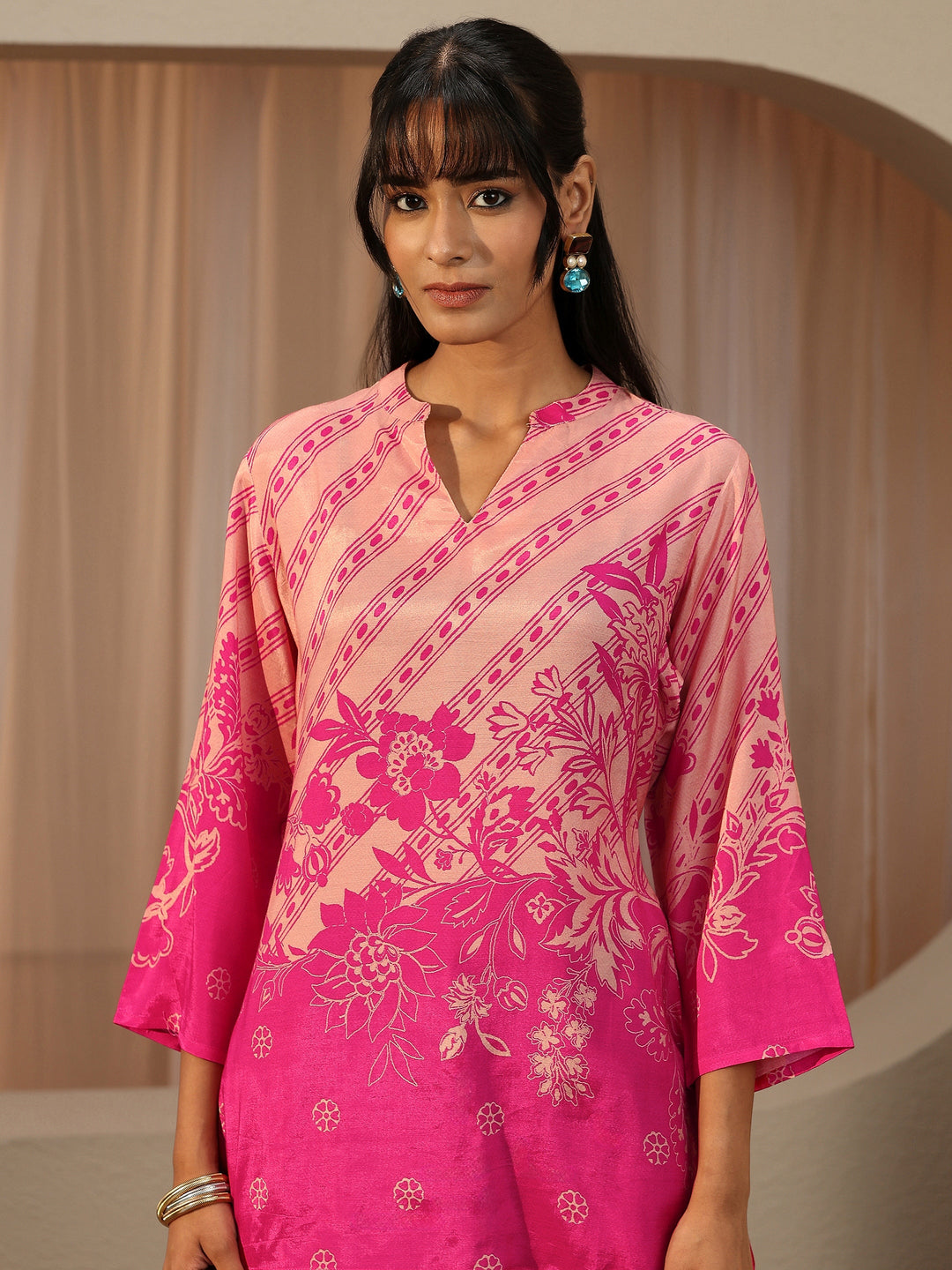  Fuchsia Pink Printed Muslin Straight Short Kurti 