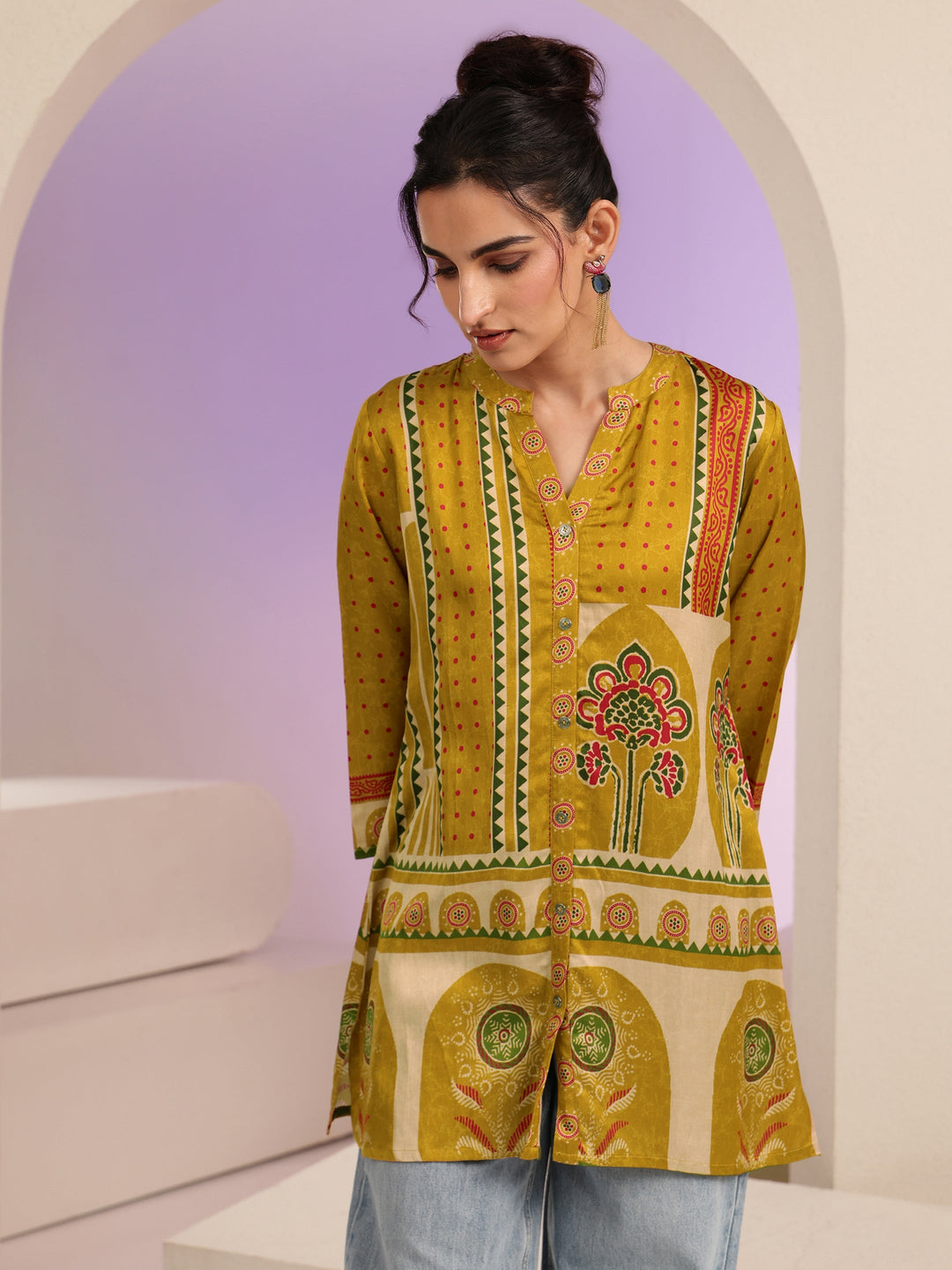  Mustard Printed Straight Muslin  Short kurti 
