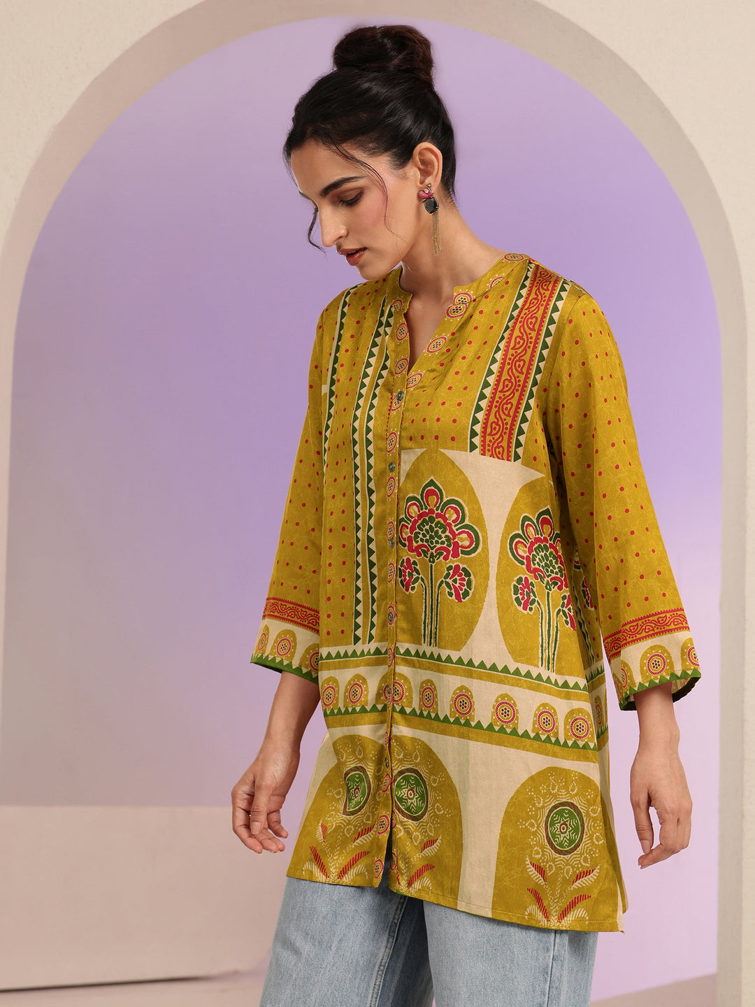  Mustard Printed Straight Muslin  Short kurti 