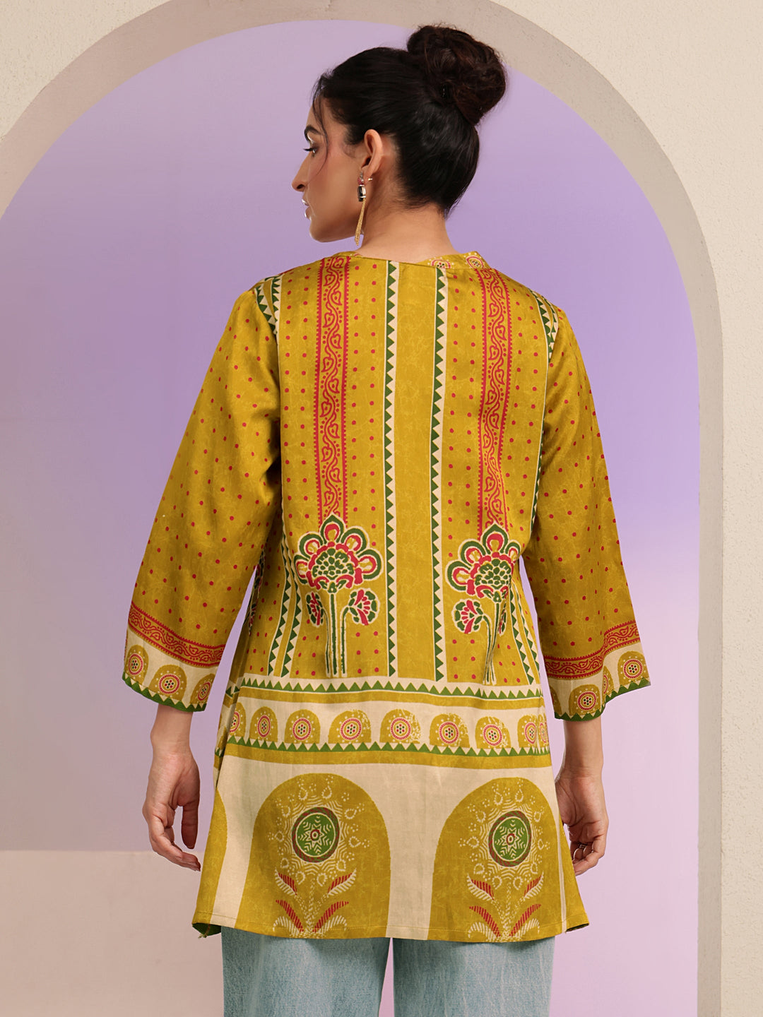  Mustard Printed Straight Muslin  Short kurti 