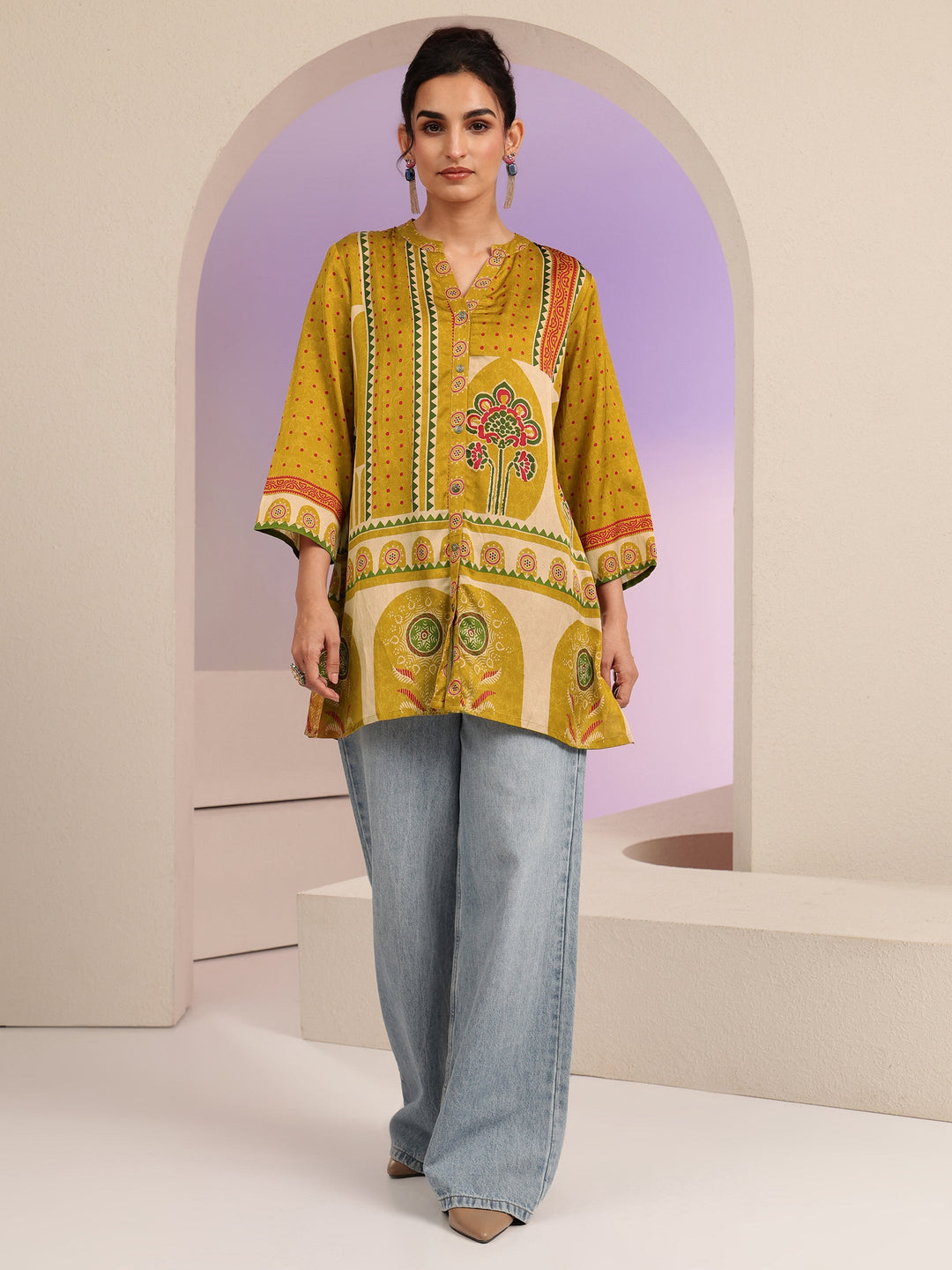  Mustard Printed Straight Muslin  Short kurti 
