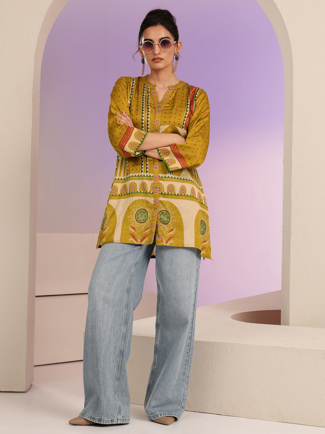  Mustard Printed Straight Muslin  Short kurti 