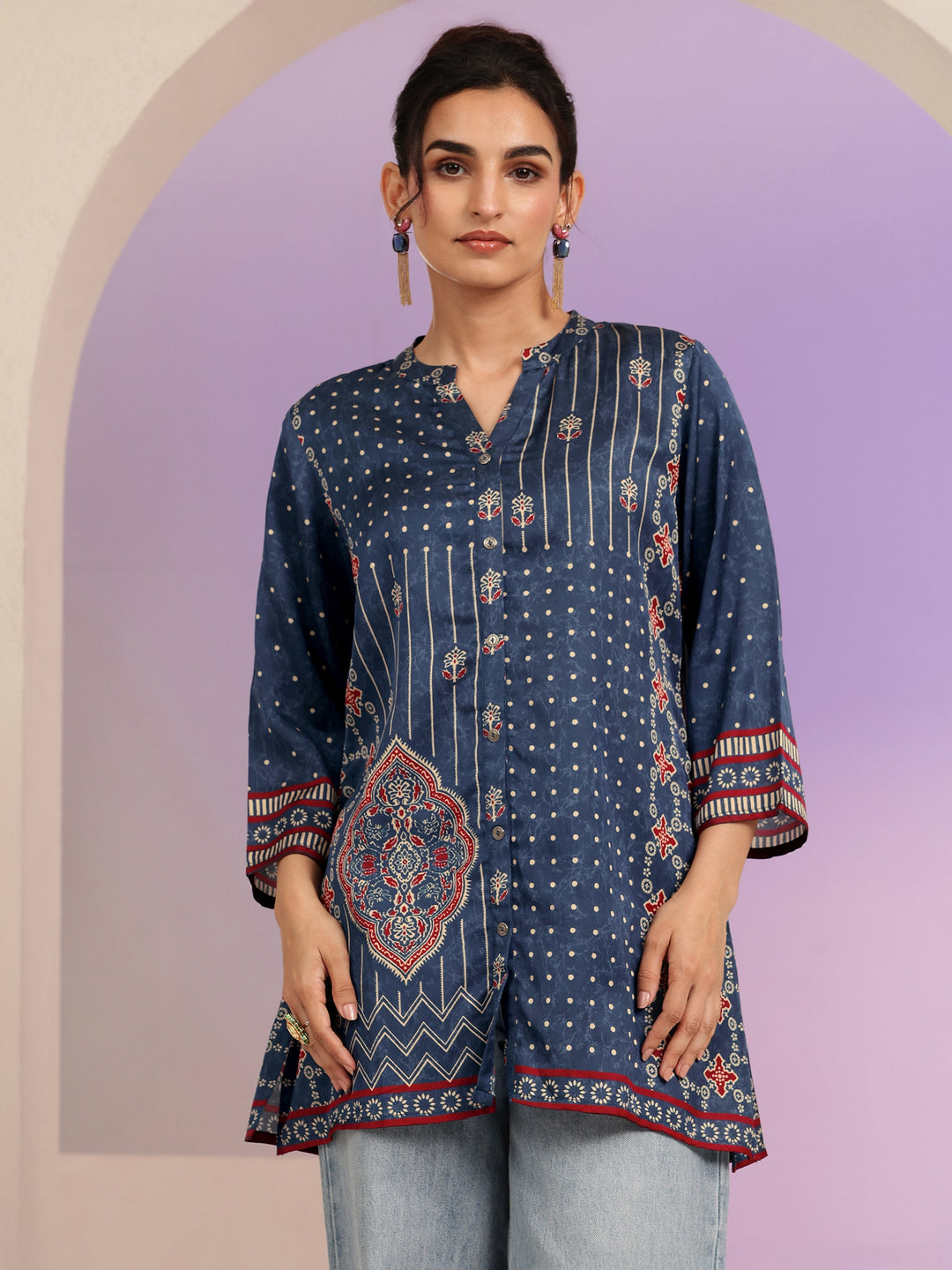  Navy Printed Straight Muslin  Short kurti 