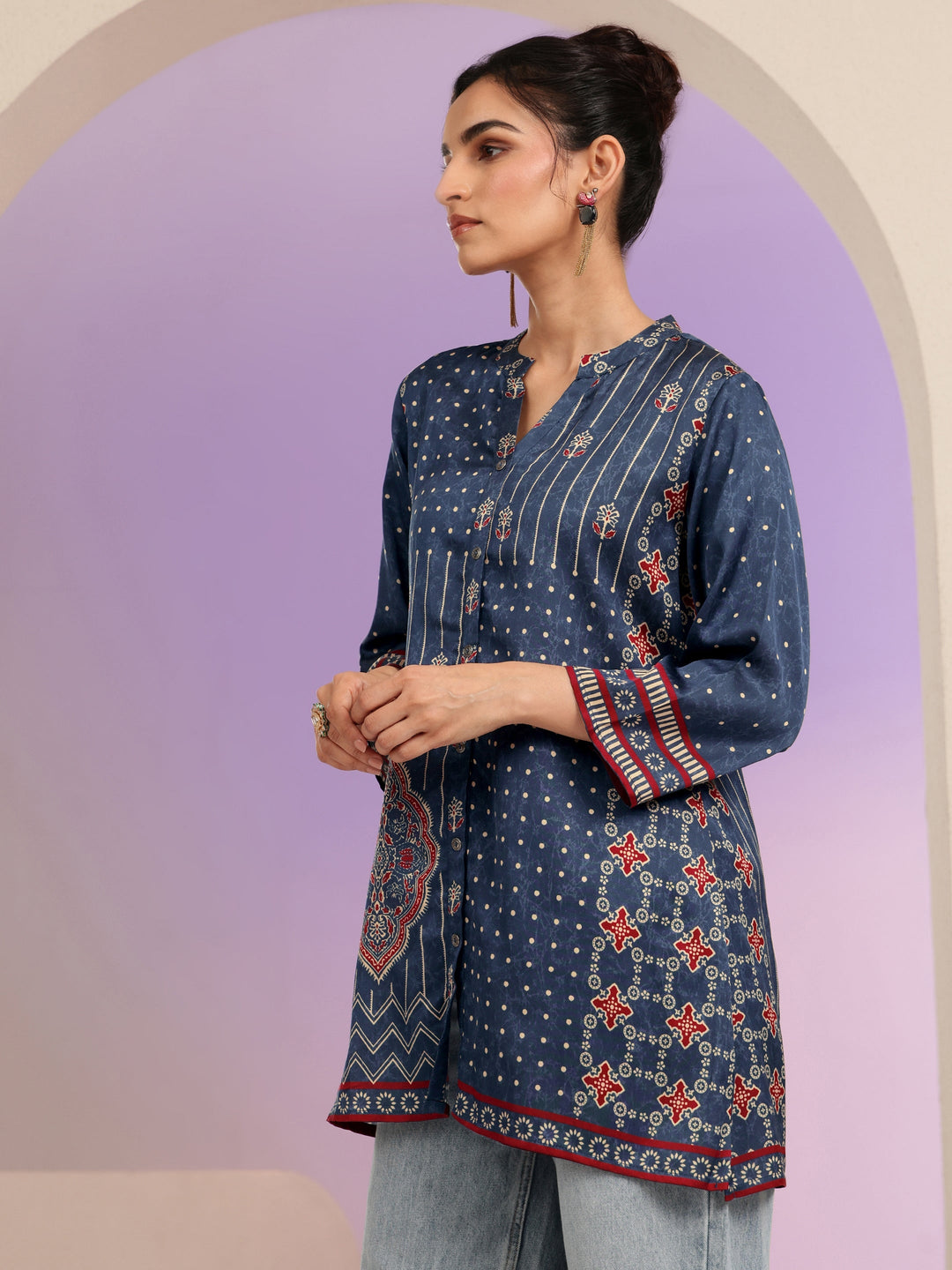  Navy Printed Straight Muslin  Short kurti 