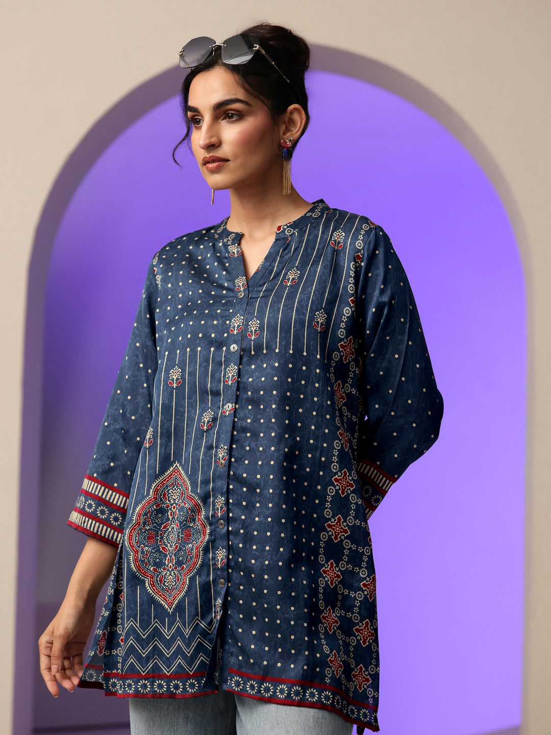  Navy Printed Straight Muslin  Short kurti 