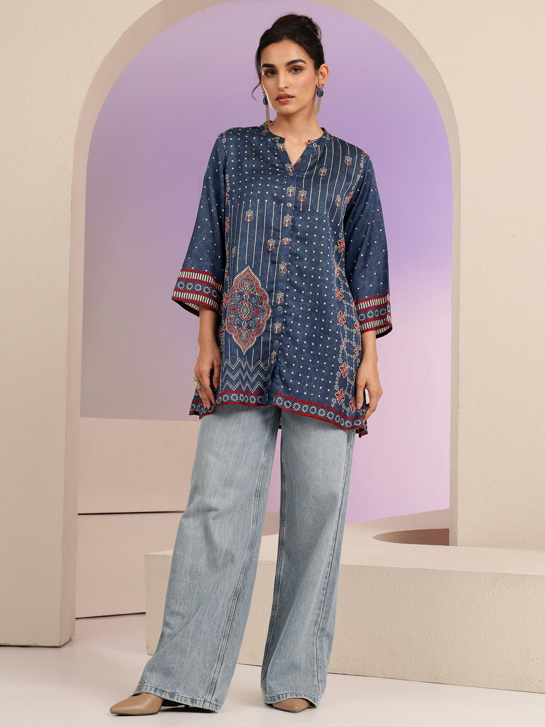  Navy Printed Straight Muslin  Short kurti 