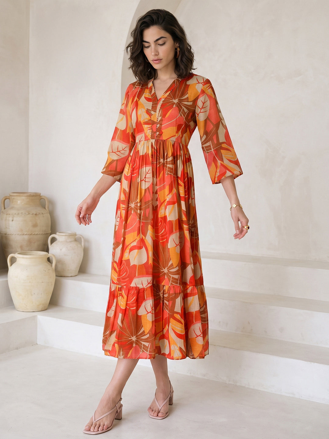 Libas Multi Color Tropical Printed Fit and Flare Chiffon Dress 