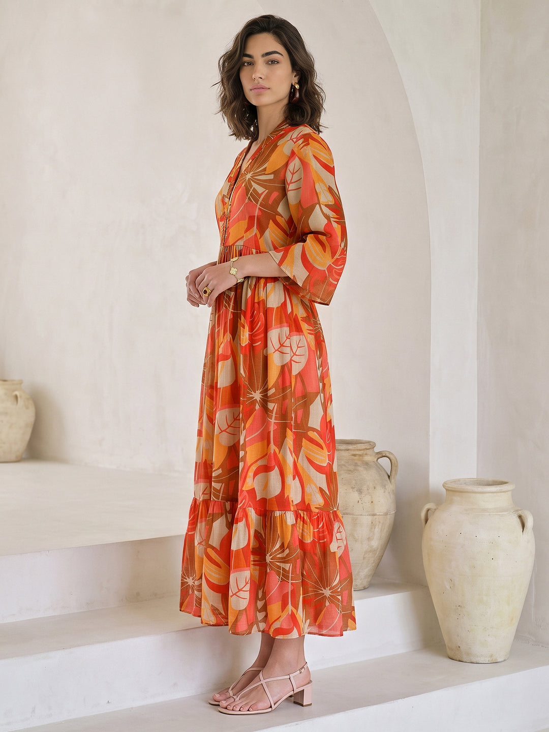  Libas Multi Color Tropical Printed Fit and Flare Chiffon Dress 