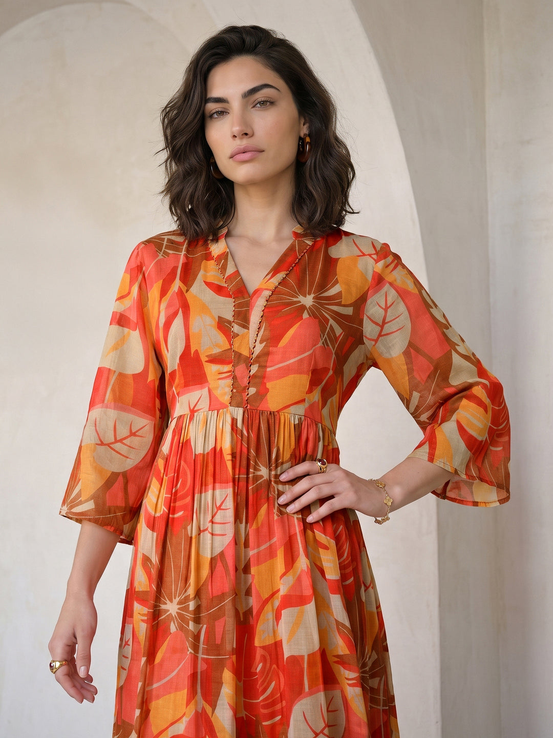  Libas Multi Color Tropical Printed Fit and Flare Chiffon Dress 