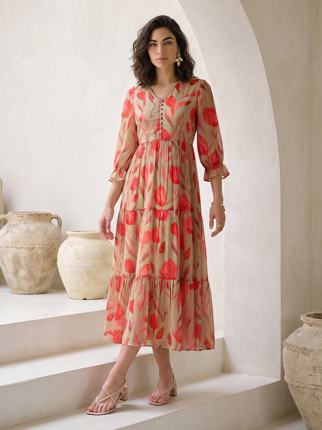  Libas Green Floral Printed Fit and Flare Chiffon Dress 