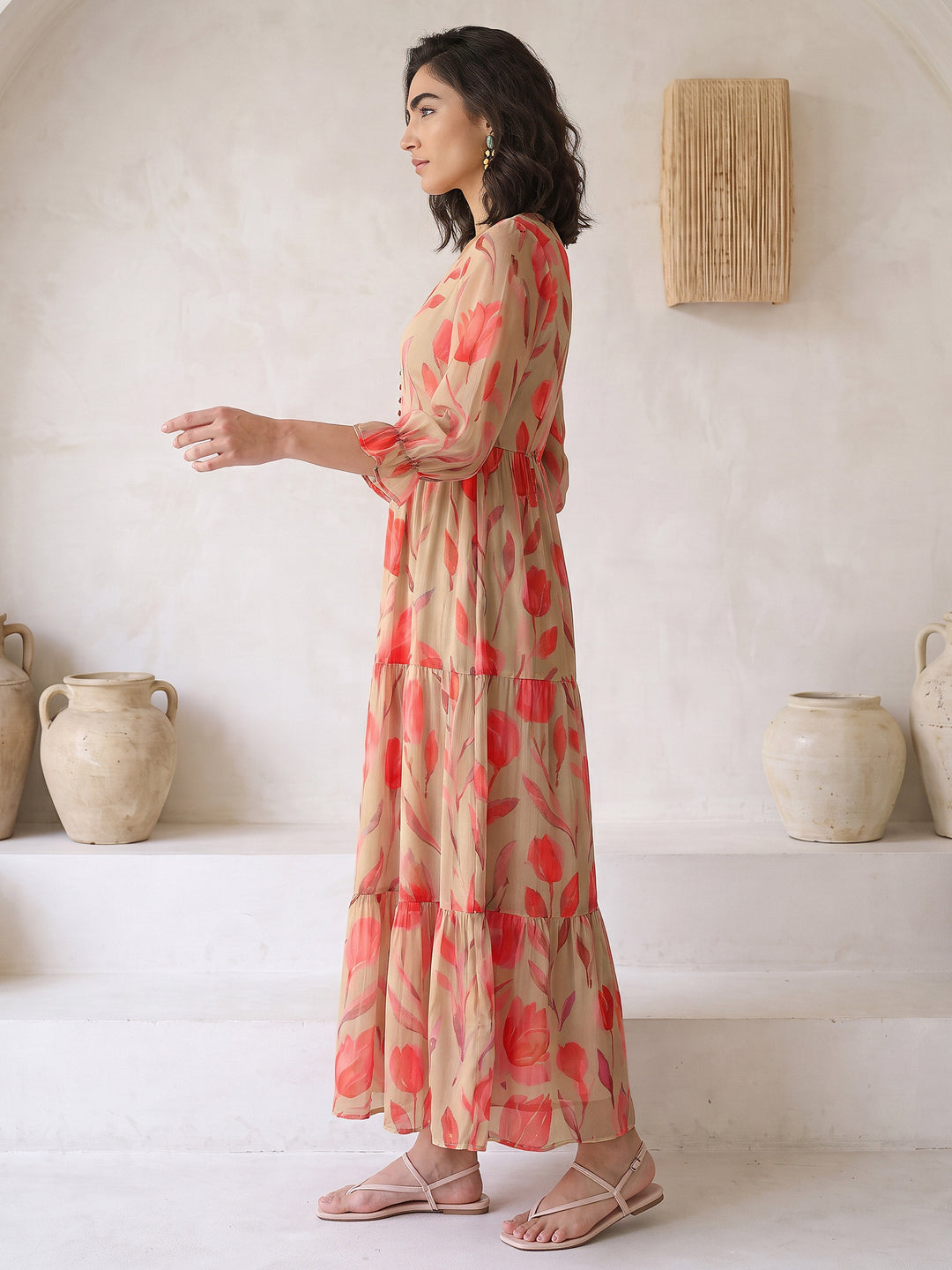  Libas Green Floral Printed Fit and Flare Chiffon Dress 